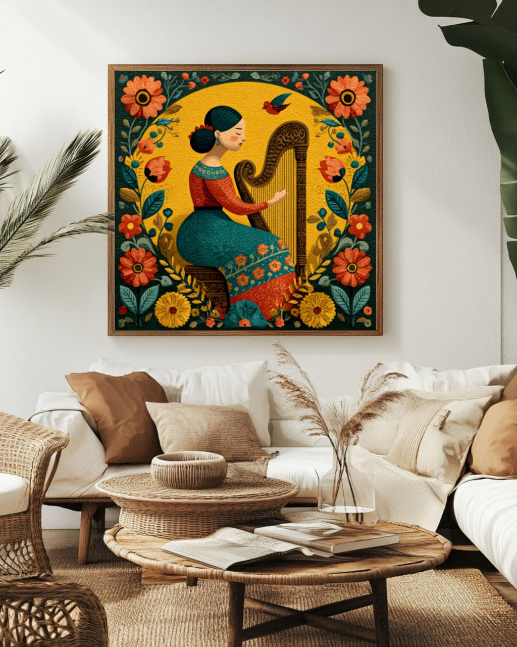 Mexican Folk Art Harpist Print â€“ Colorful Floral Latin Wall Art Canvas Wall Art Print – Premium Home Decor