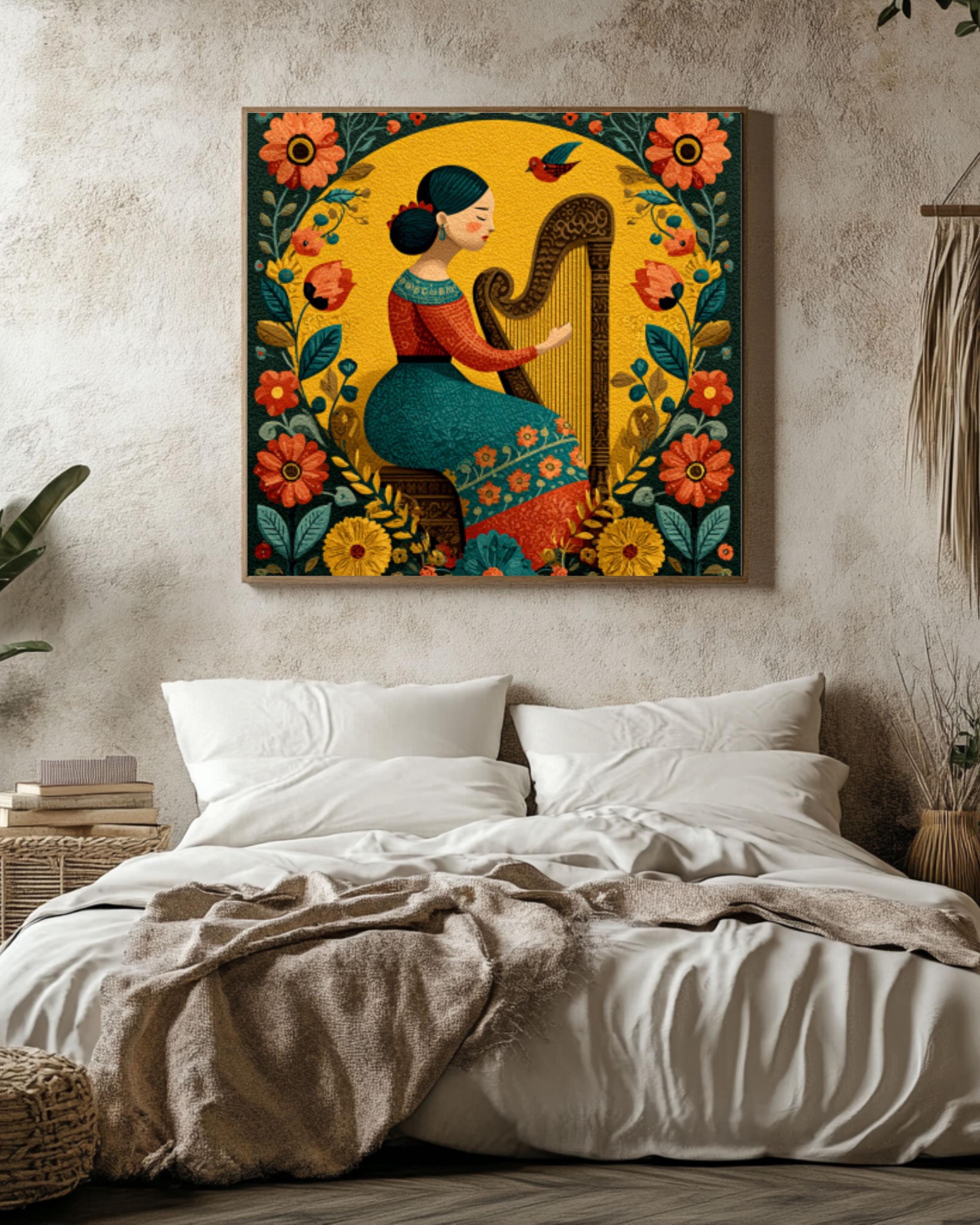 Mexican Folk Art Harpist Print â€“ Colorful Floral Latin Wall Art Canvas Wall Art Print – Premium Home Decor