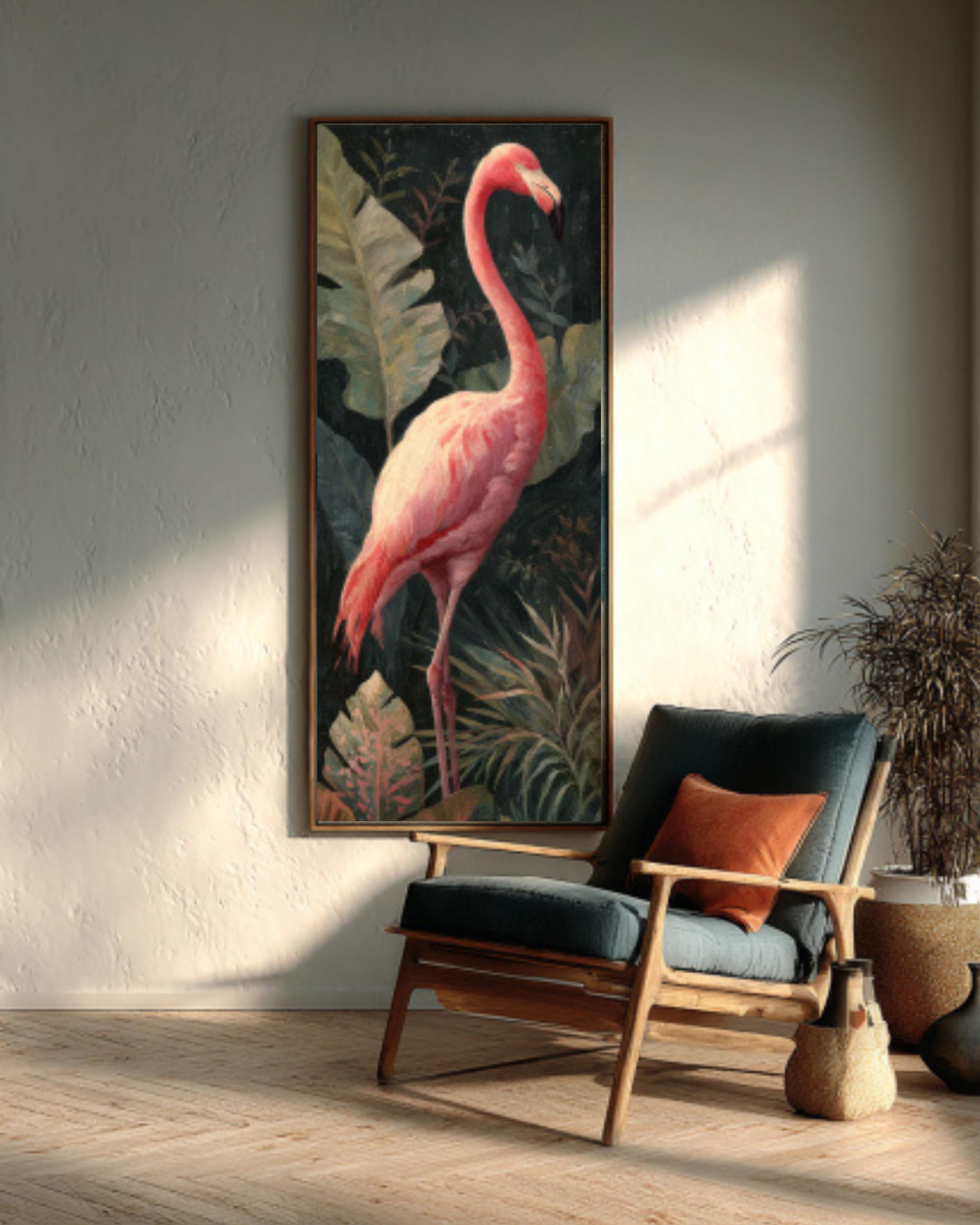Pink Flamingo Jungle Canvas Art | Dark Academia Tropical Decor
