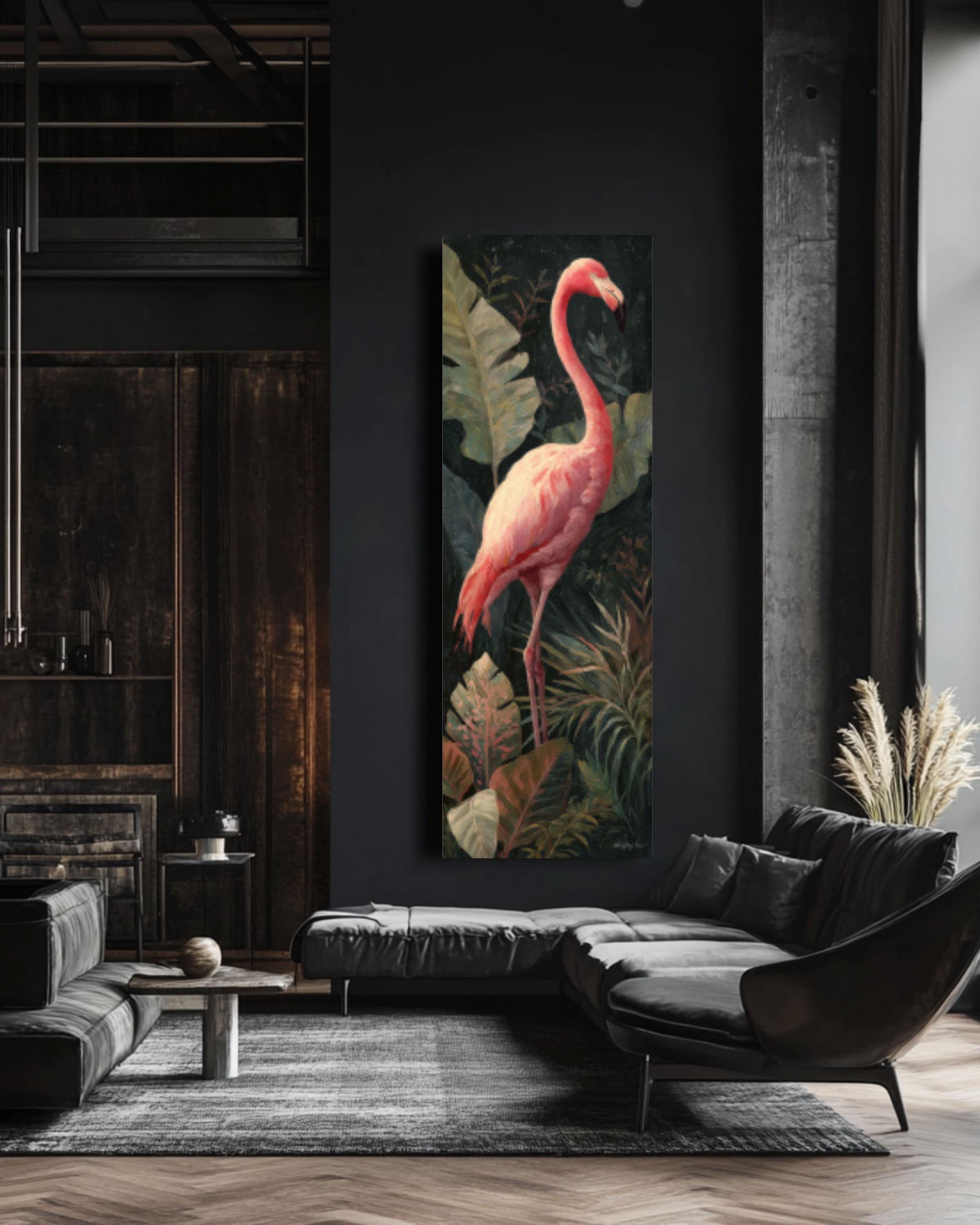 Pink Flamingo Jungle Canvas Art | Dark Academia Tropical Decor