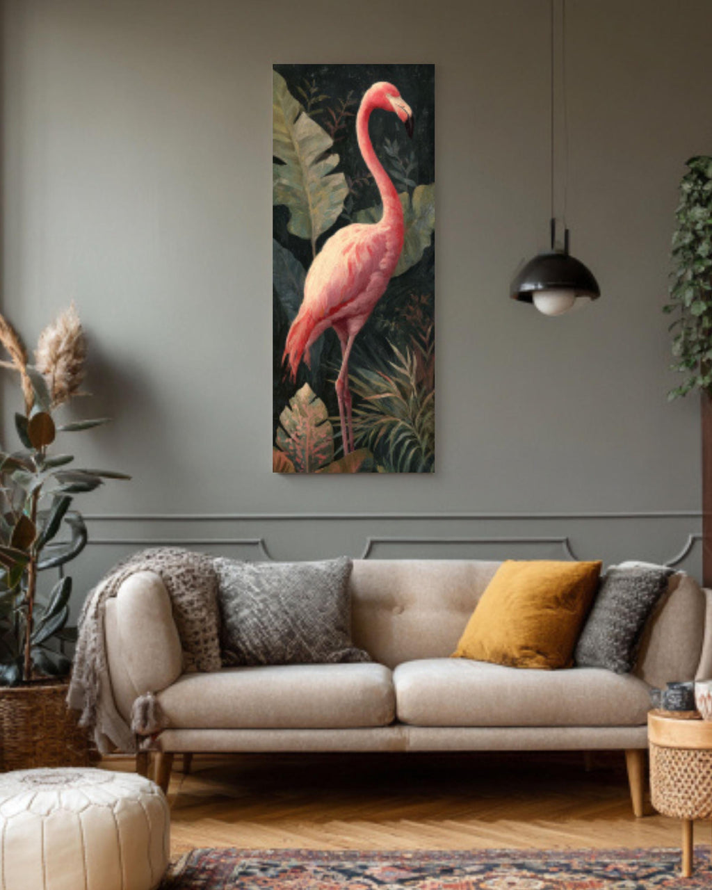 Pink Flamingo Jungle Canvas Art | Dark Academia Tropical Decor
