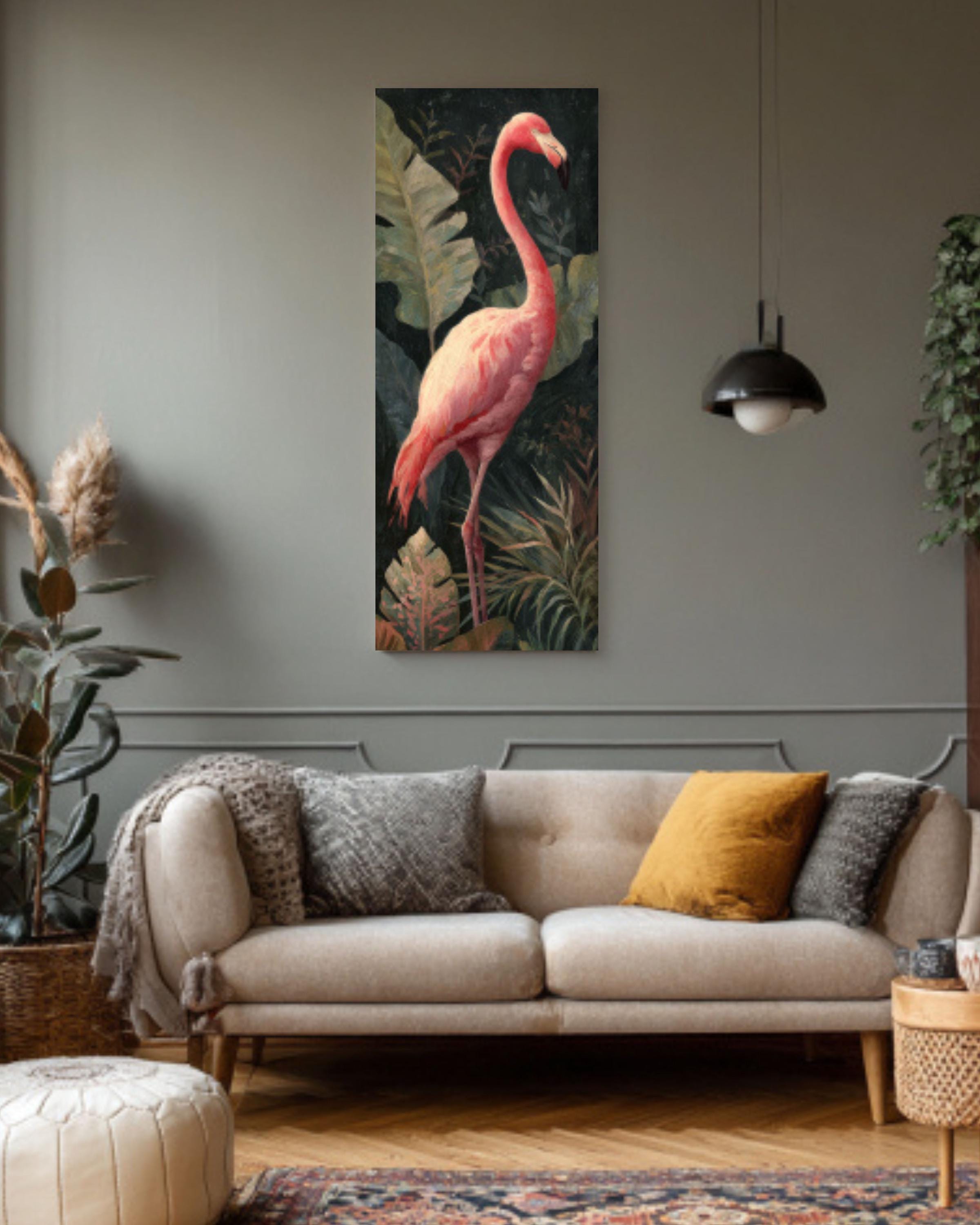 Pink Flamingo Jungle Canvas Art | Dark Academia Tropical Decor