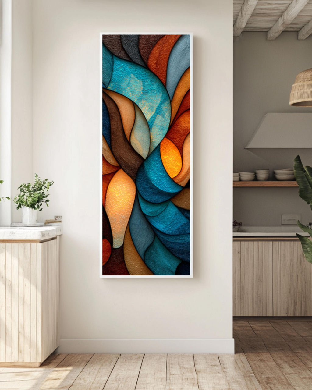 Abstract Stained Glass Style Canvas Art â€“ Earthy Brown & Blue Canvas Wall Art Print – Premium Home Decor