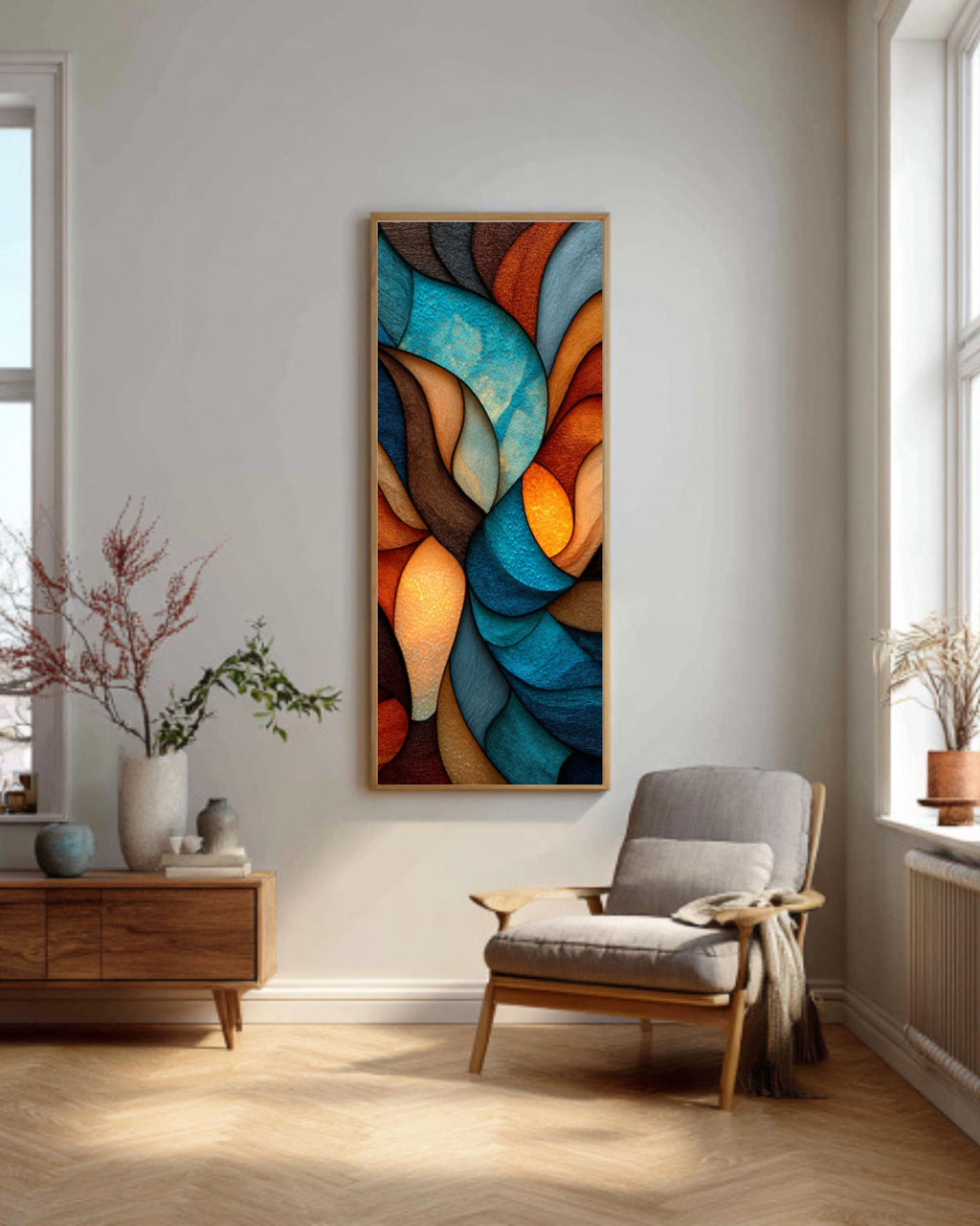 Abstract Stained Glass Style Canvas Art â€“ Earthy Brown & Blue Canvas Wall Art Print – Premium Home Decor