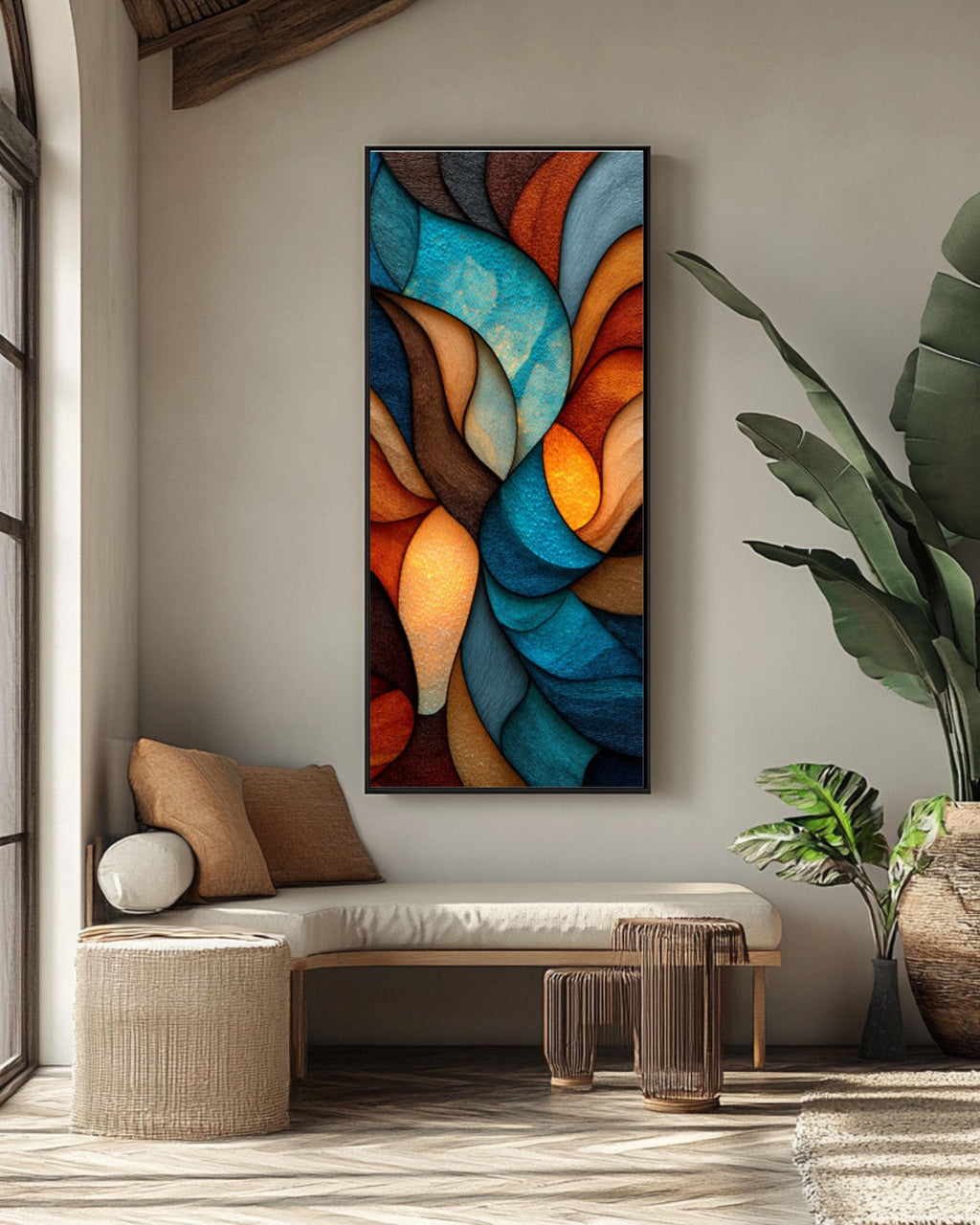 Abstract Stained Glass Style Canvas Art â€“ Earthy Brown & Blue Canvas Wall Art Print – Premium Home Decor