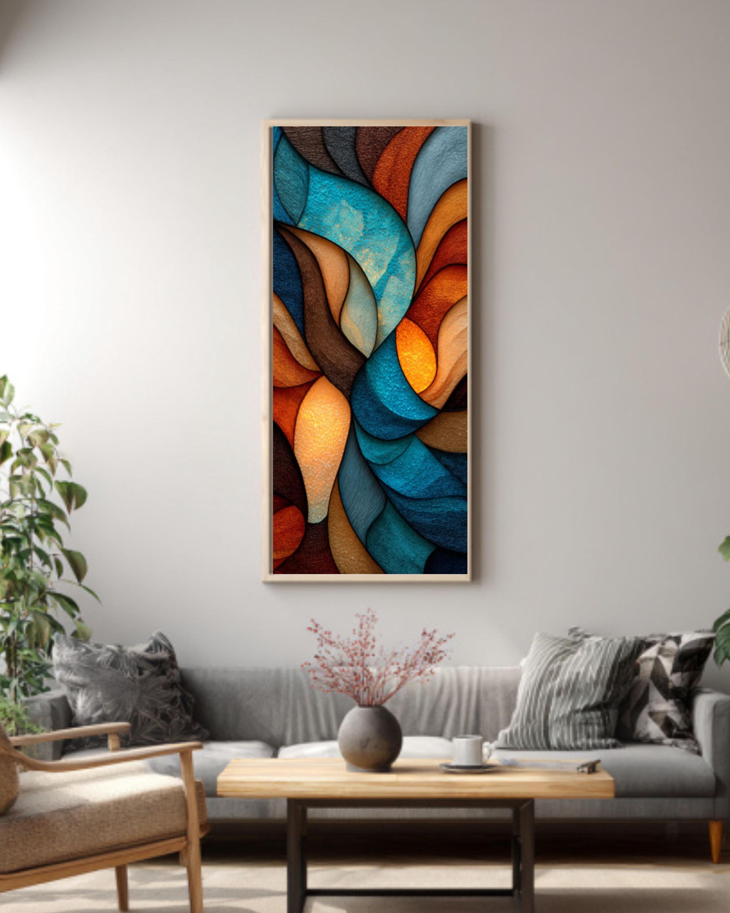 Abstract Stained Glass Style Canvas Art â€“ Earthy Brown & Blue Canvas Wall Art Print – Premium Home Decor