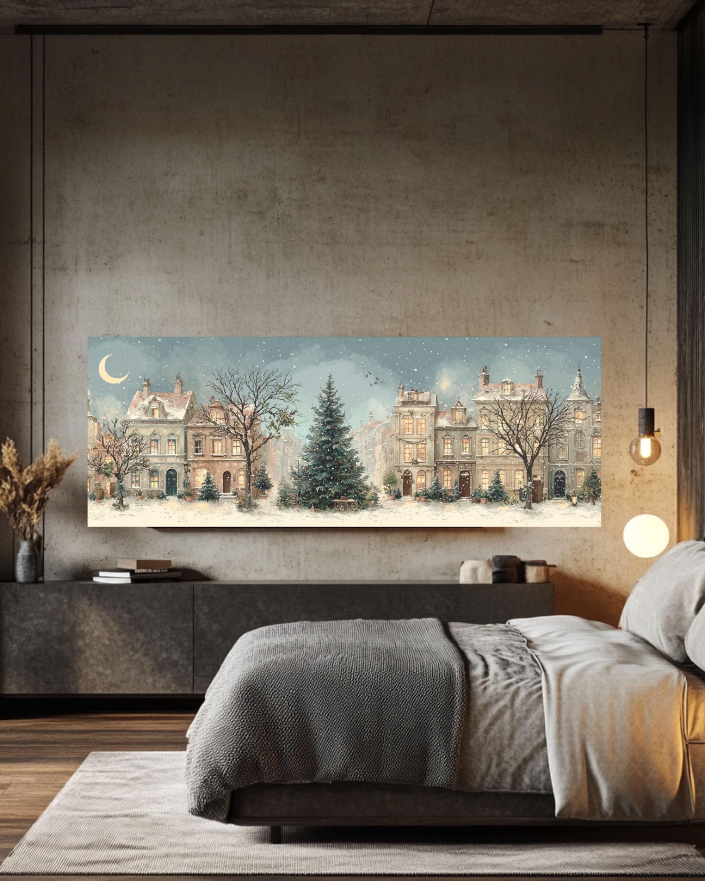 Vintage Winter Town Christmas Tree Watercolor â€“ Snowy Village Canvas or Framed Art Canvas Wall Art Print – Premium Home Decor
