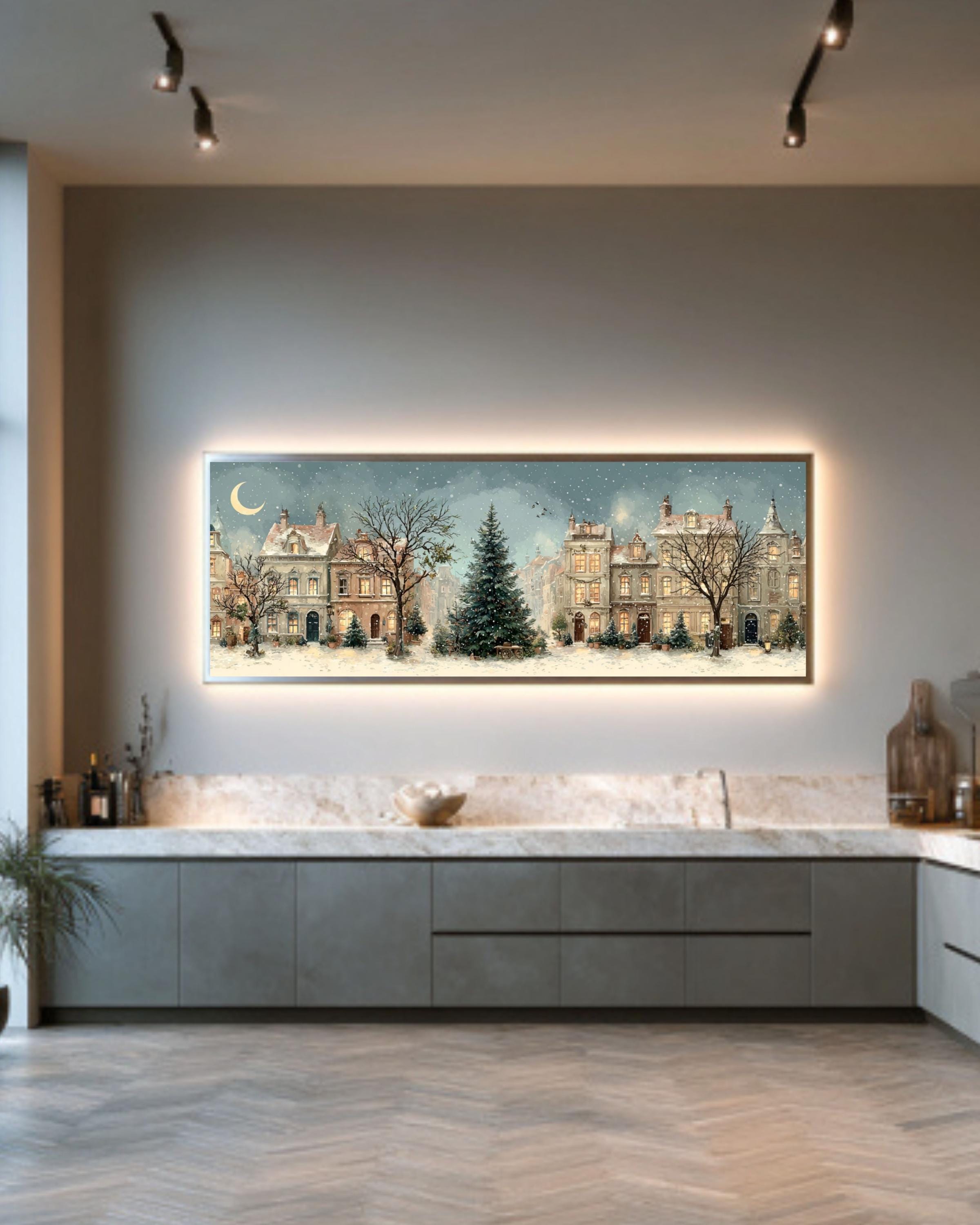 Vintage Winter Town Christmas Tree Watercolor â€“ Snowy Village Canvas or Framed Art Canvas Wall Art Print – Premium Home Decor