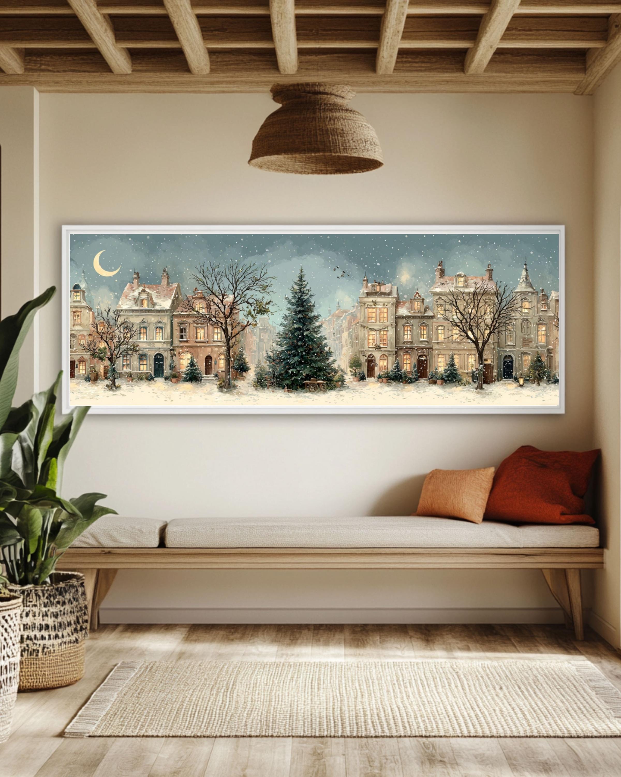 Vintage Winter Town Christmas Tree Watercolor â€“ Snowy Village Canvas or Framed Art Canvas Wall Art Print – Premium Home Decor