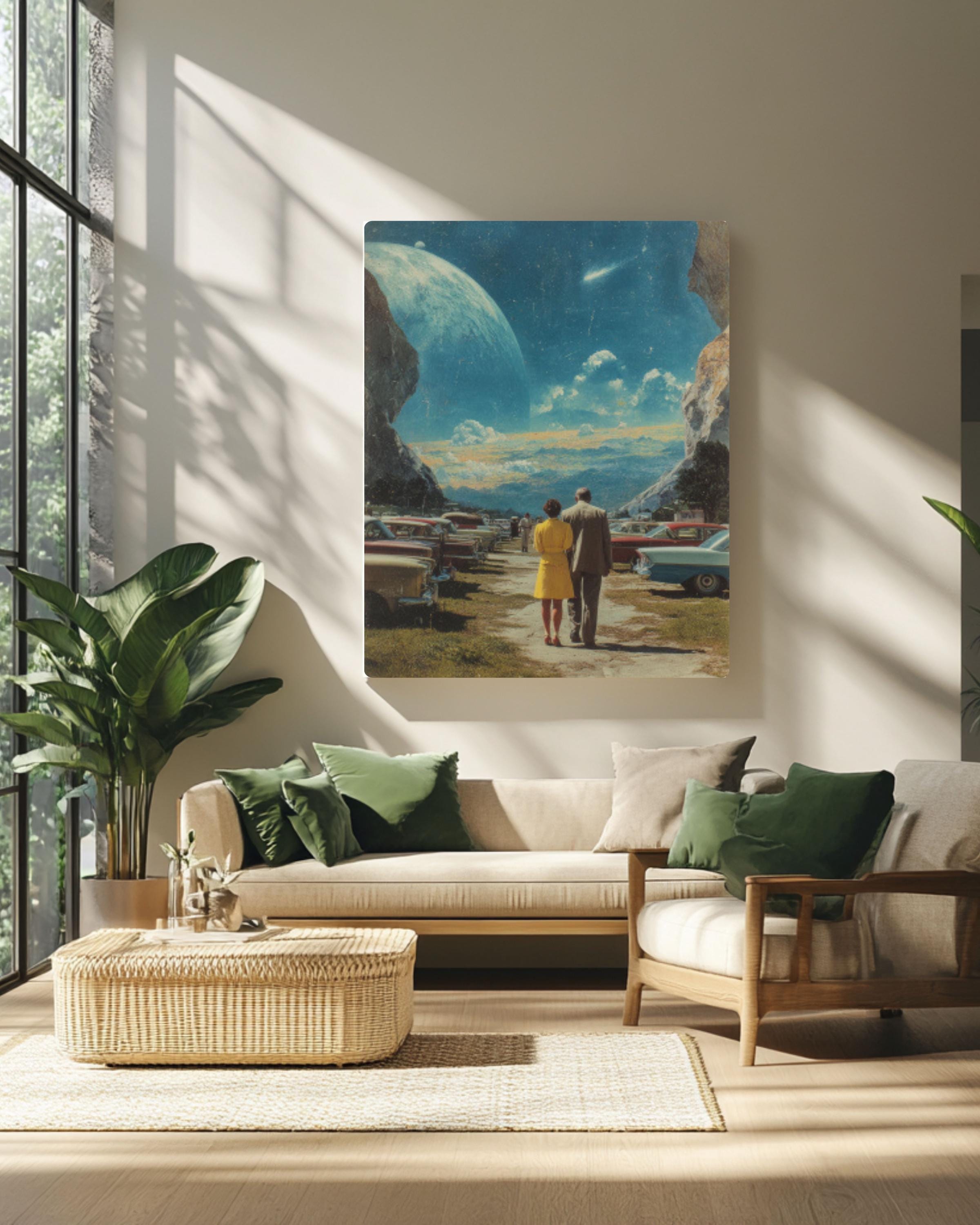 Vintage Space Collage Art Print â€“ Earth's Edge, Retro Cars Canvas Wall Art Print – Premium Home Decor