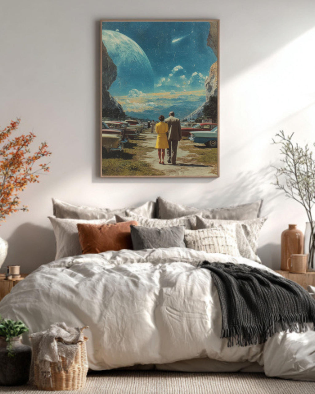 Vintage Space Collage Art Print â€“ Earth's Edge, Retro Cars Canvas Wall Art Print – Premium Home Decor