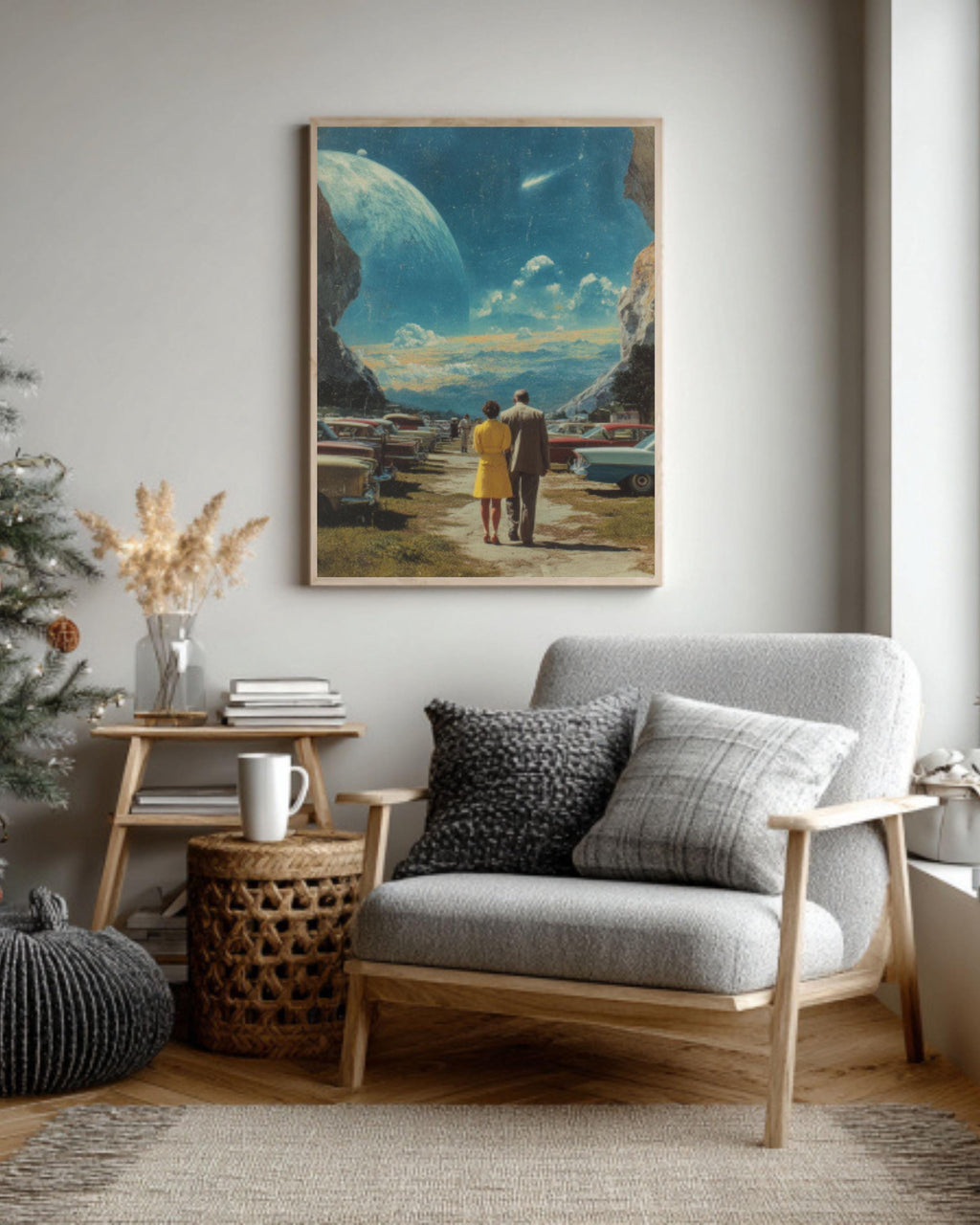 Vintage Space Collage Art Print â€“ Earth's Edge, Retro Cars Canvas Wall Art Print – Premium Home Decor