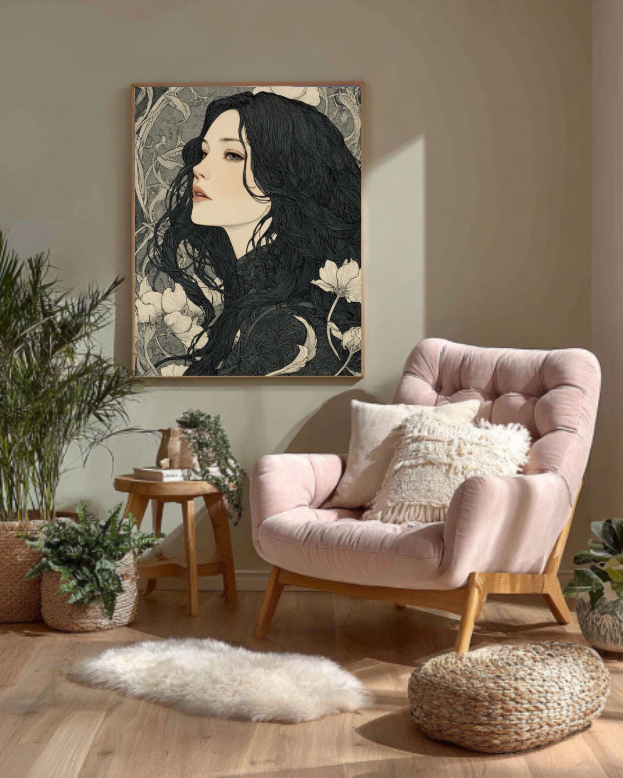 Art Nouveau Woman Ink Drawing â€“ Dark Fantasy Canvas Print Canvas Wall Art Print – Premium Home Decor
