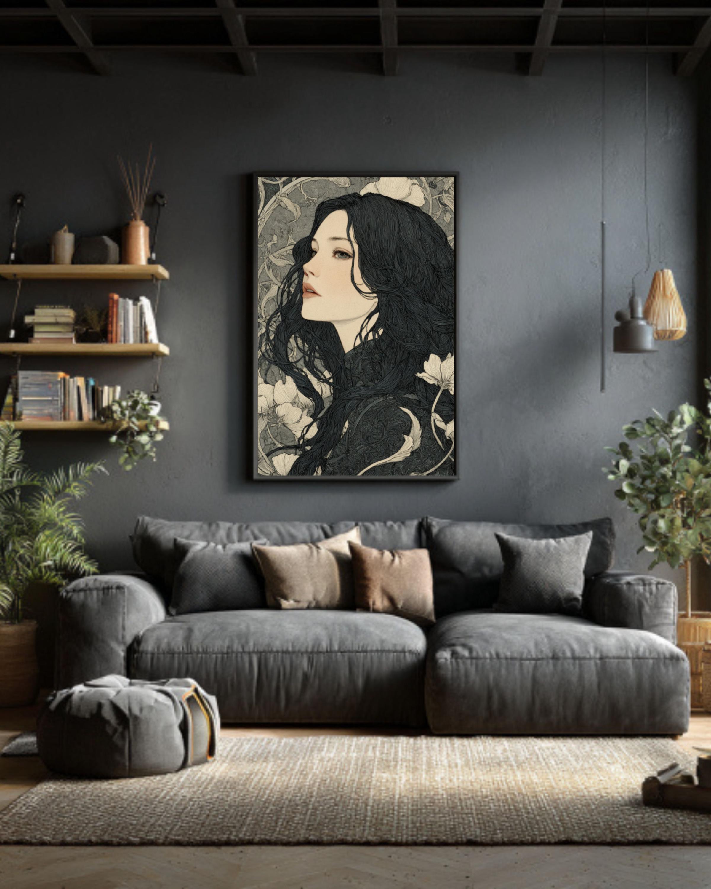 Art Nouveau Woman Ink Drawing â€“ Dark Fantasy Canvas Print Canvas Wall Art Print – Premium Home Decor