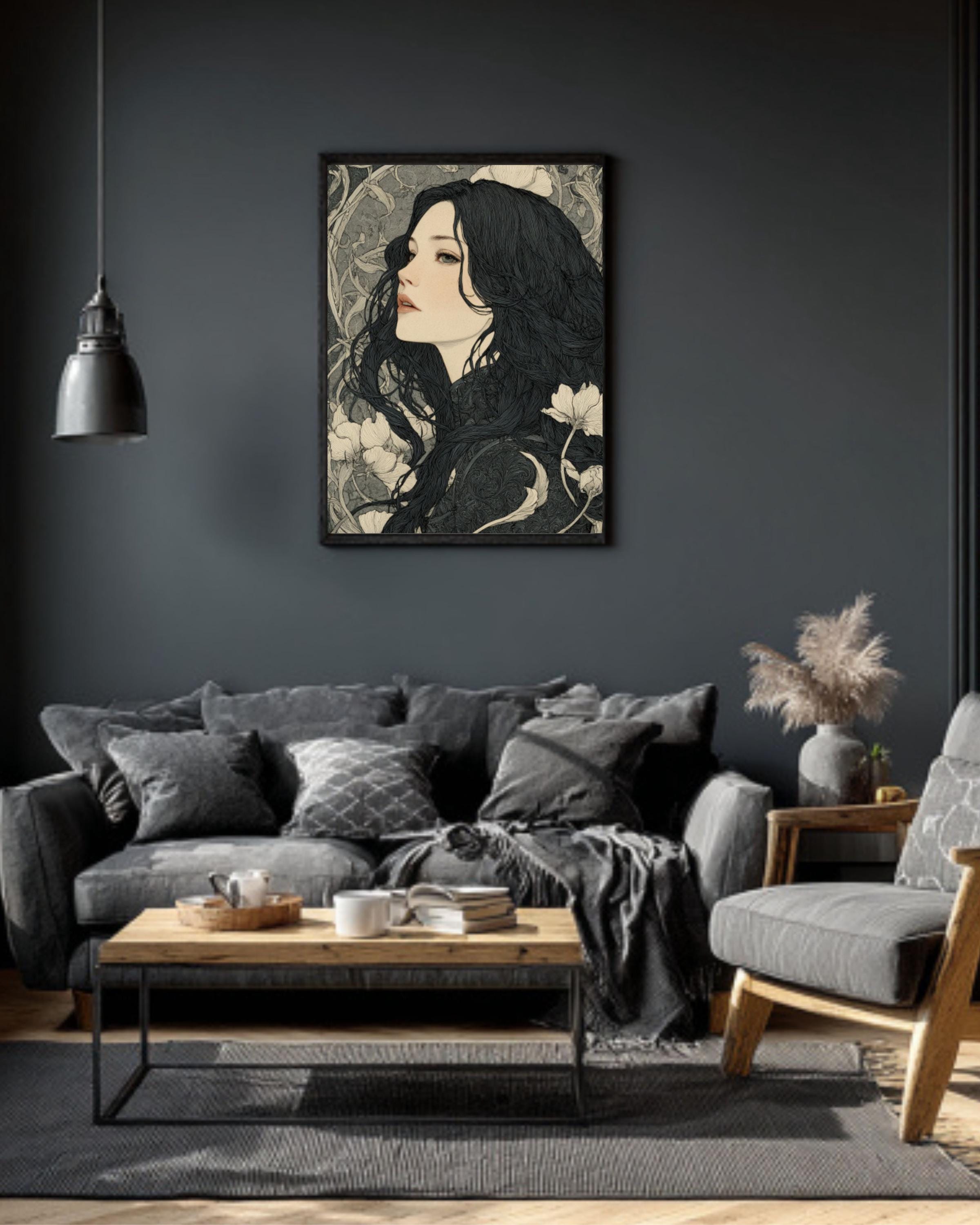 Art Nouveau Woman Ink Drawing â€“ Dark Fantasy Canvas Print Canvas Wall Art Print – Premium Home Decor
