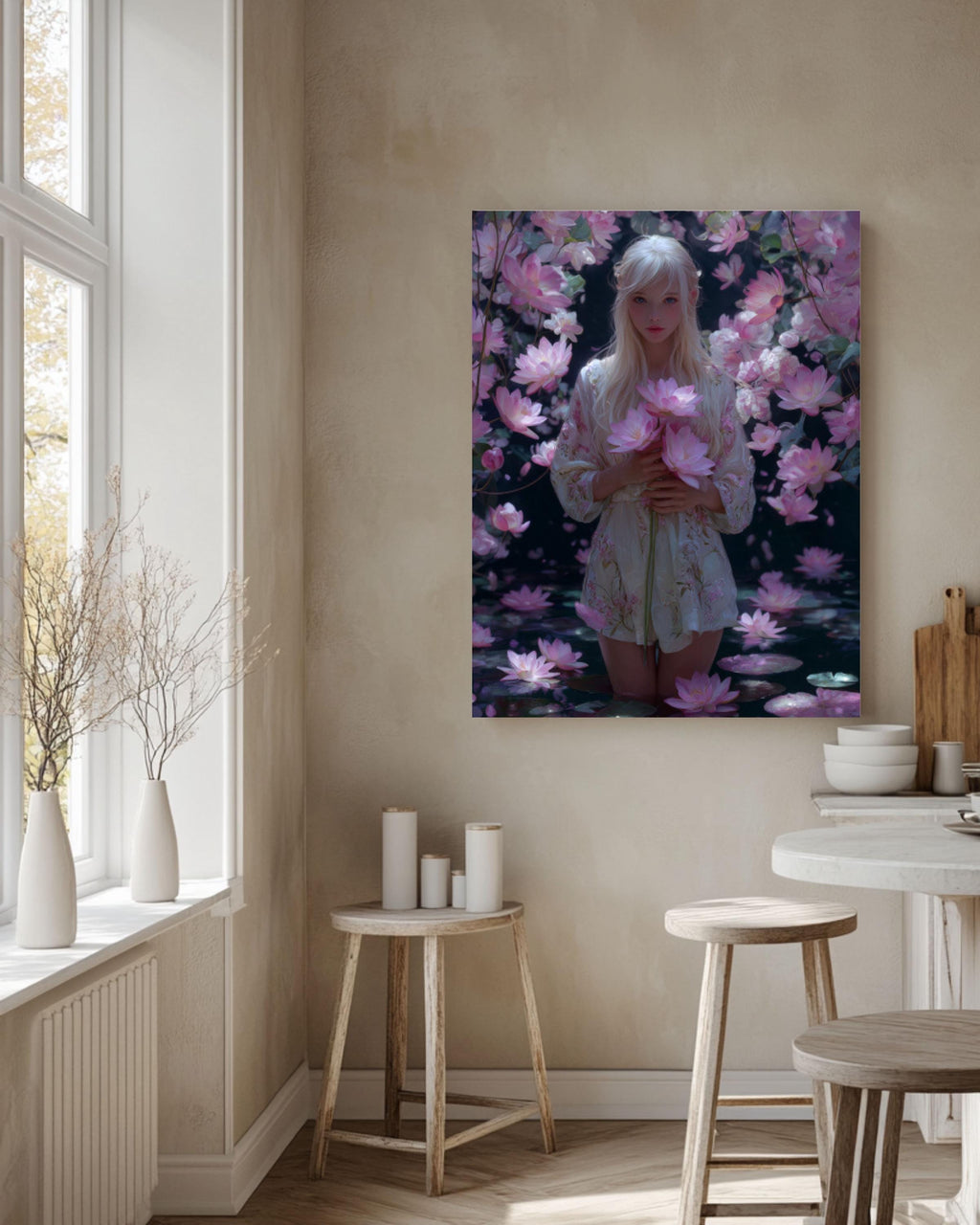 Sailor Moon Canvas Print â€“ Blonde Girl, Lotus & Cherry Blossoms Canvas Wall Art Print – Premium Home Decor