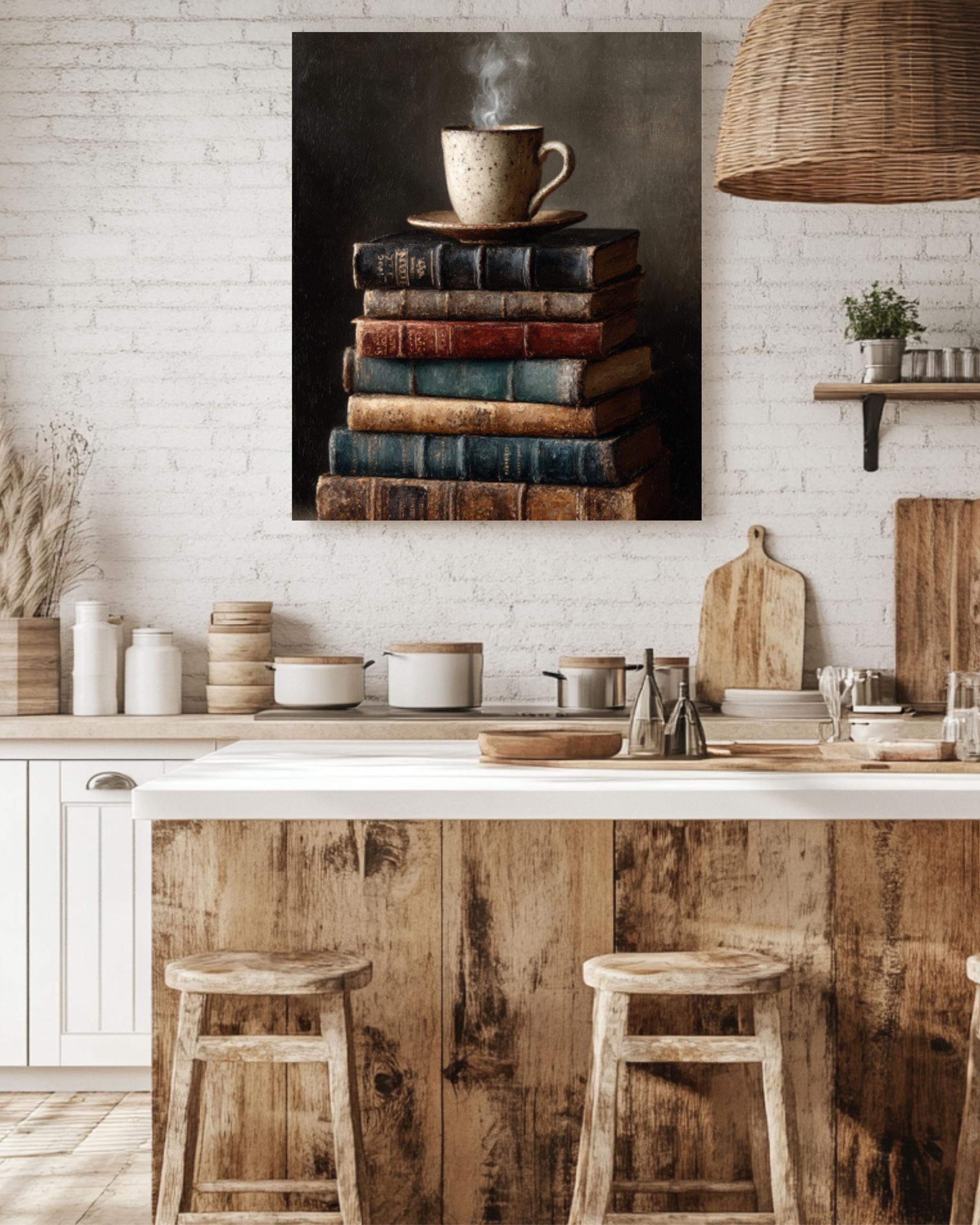Vintage Books & Coffee Art Print â€“ Cozy Reading Scene, Home Decor Canvas Wall Art Print – Premium Home Decor