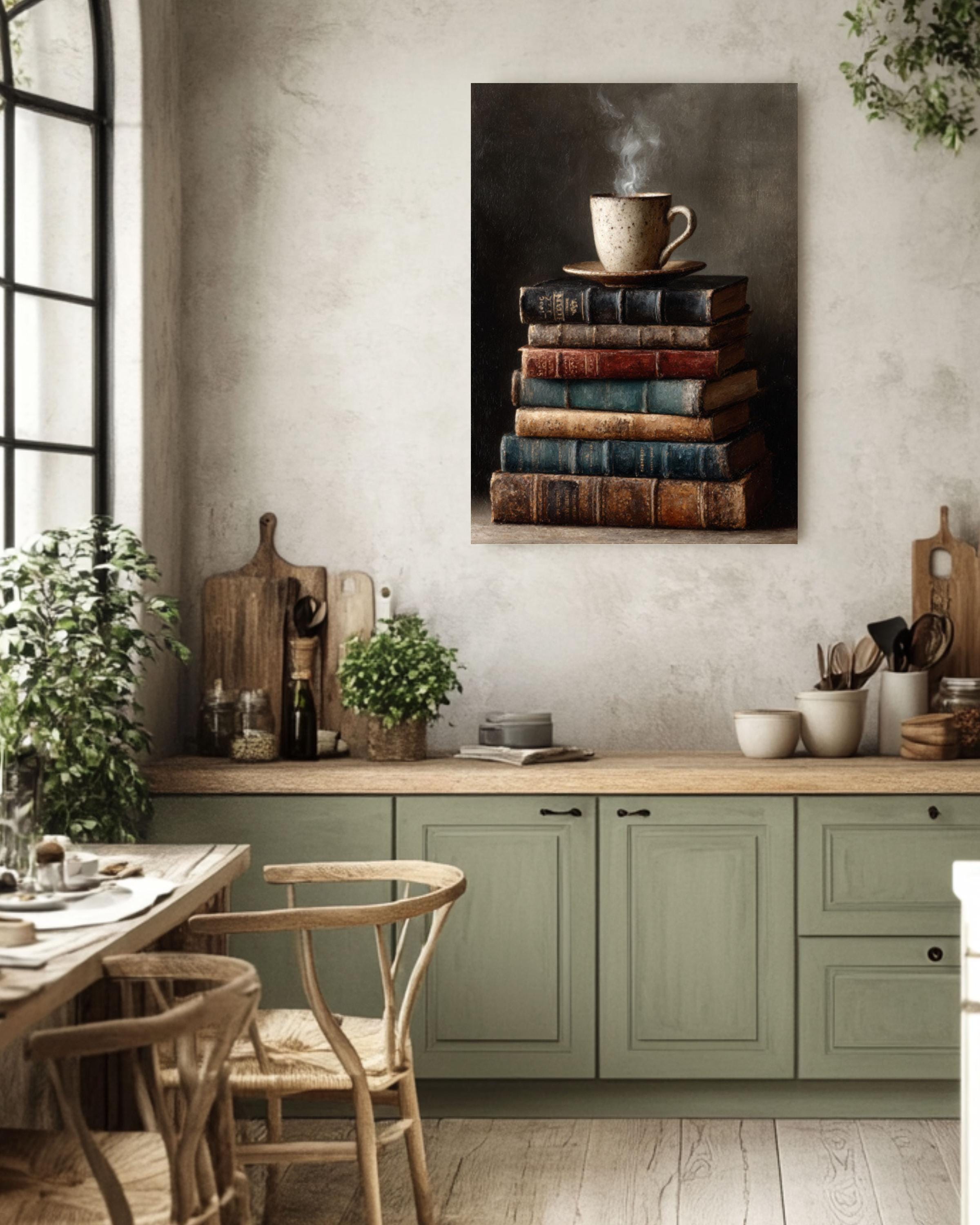 Vintage Books & Coffee Art Print â€“ Cozy Reading Scene, Home Decor Canvas Wall Art Print – Premium Home Decor