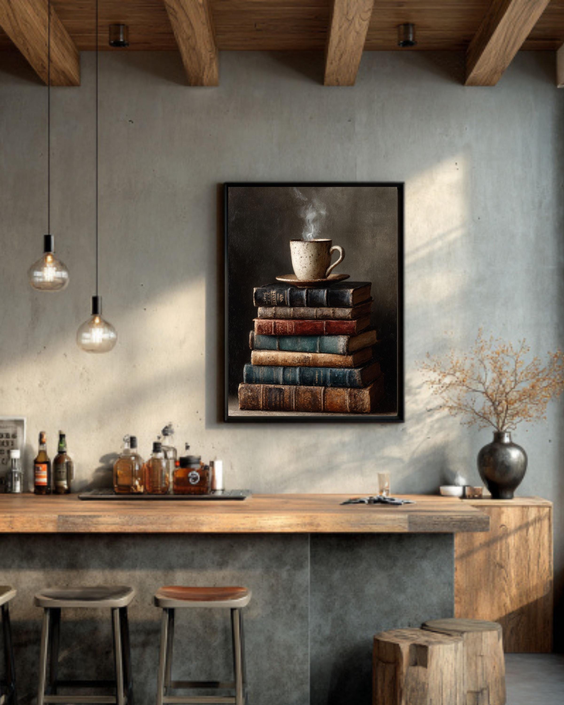 Vintage Books & Coffee Art Print â€“ Cozy Reading Scene, Home Decor Canvas Wall Art Print – Premium Home Decor
