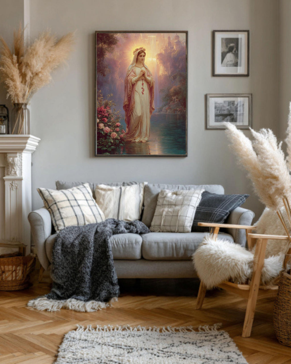 Our Lady Praying Lithograph – Rosary Beads, Soft Pastel Canvas Art