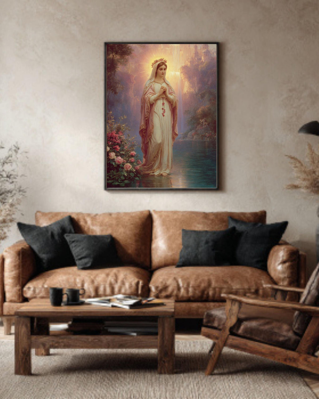 Our Lady Praying Lithograph – Rosary Beads, Soft Pastel Canvas Art