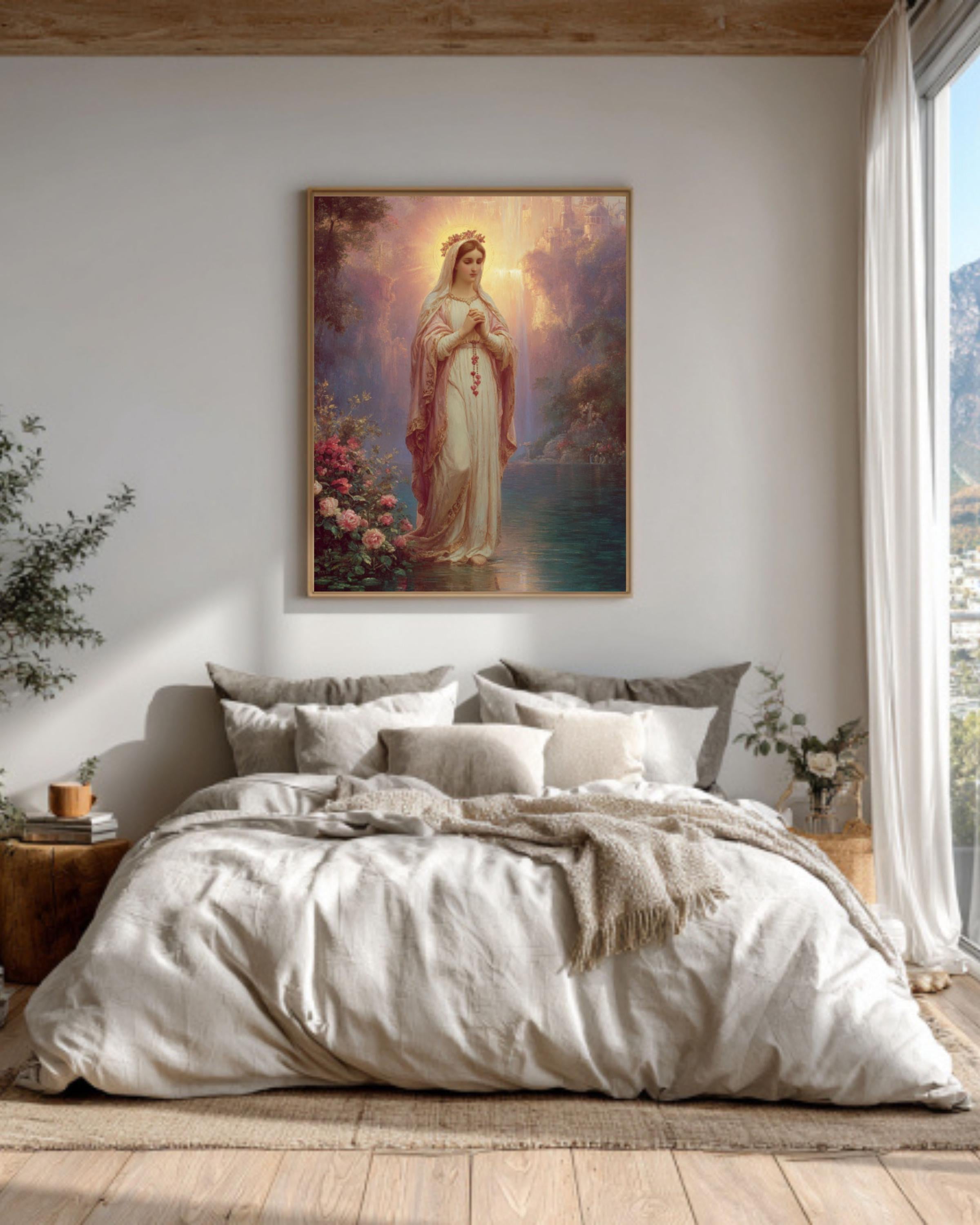 Our Lady Praying Lithograph – Rosary Beads, Soft Pastel Canvas Art