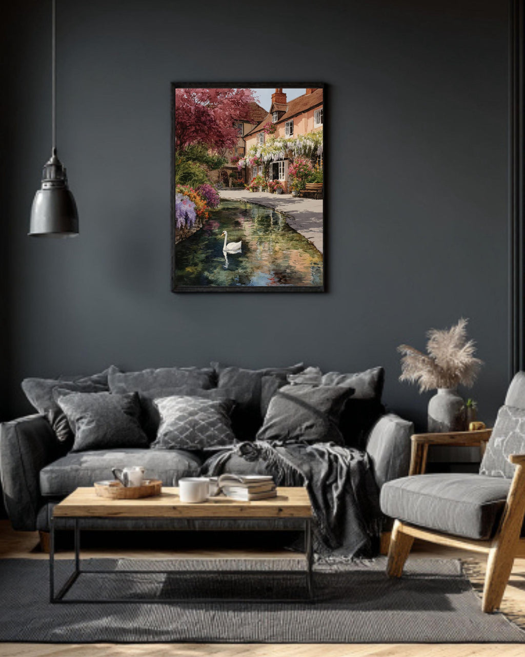 English Village Spring Watercolor Print – Swan, Wisteria, Floral Garden