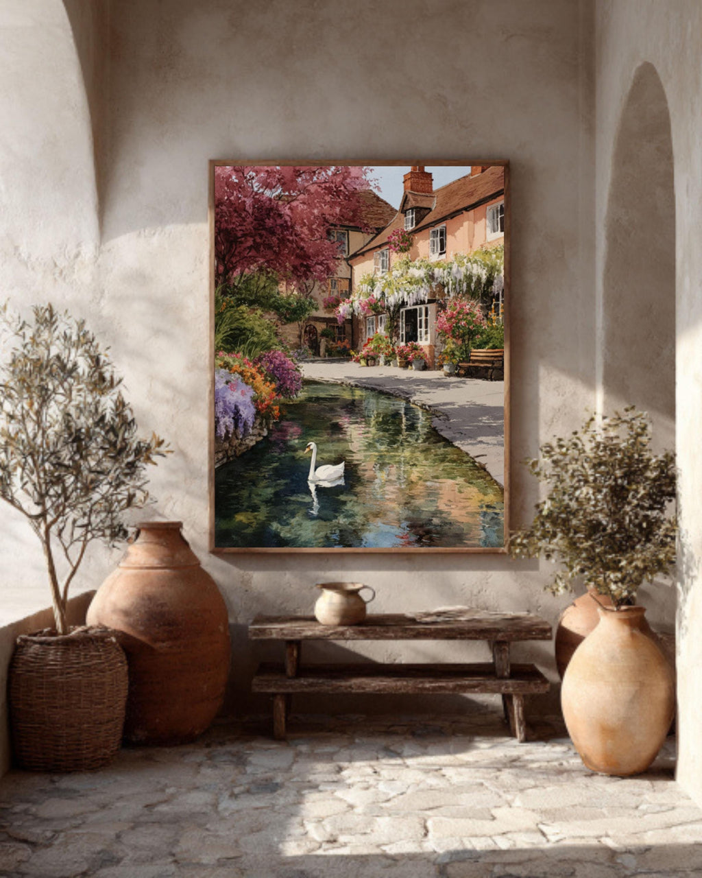 English Village Spring Watercolor Print – Swan, Wisteria, Floral Garden