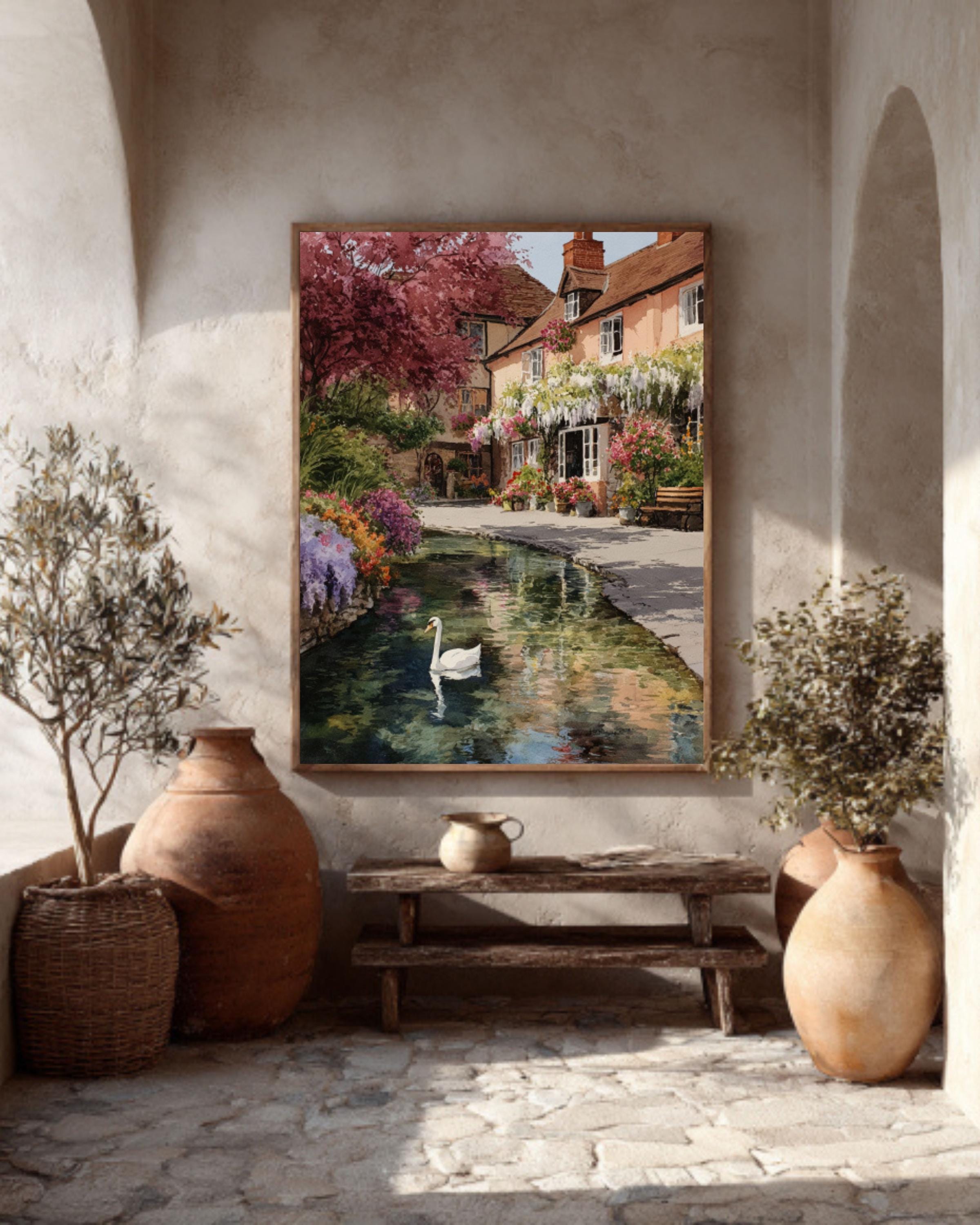 English Village Spring Watercolor Print – Swan, Wisteria, Floral Garden