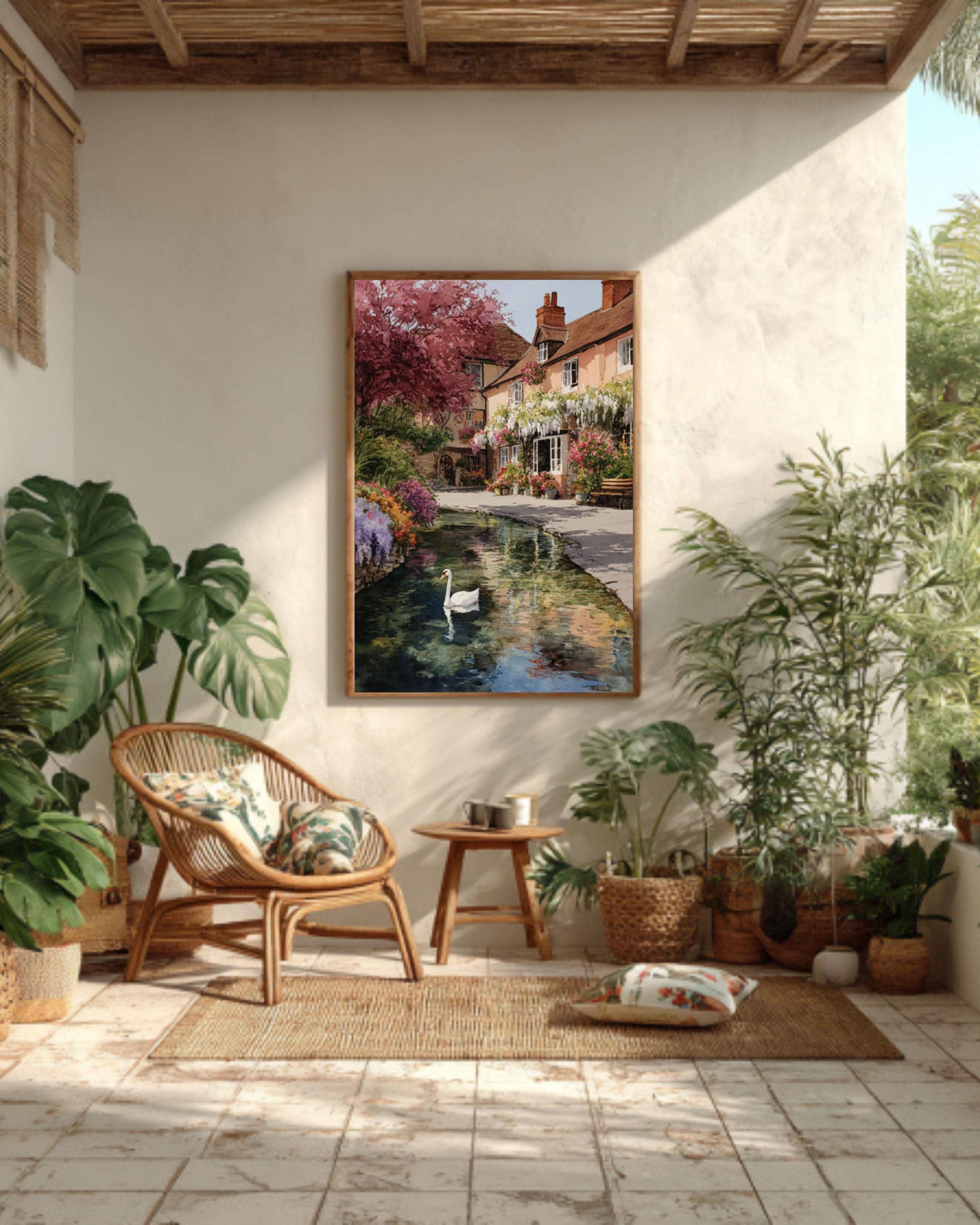 English Village Spring Watercolor Print – Swan, Wisteria, Floral Garden