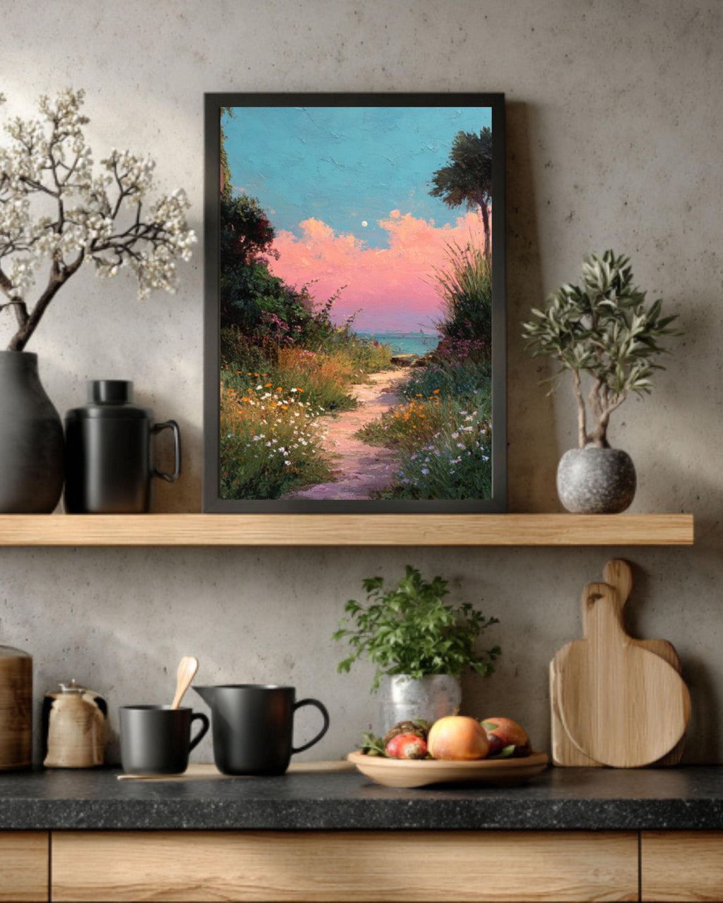Pastel Beach Path Acrylic Painting – Pink Sunset, Coastal Wall Art