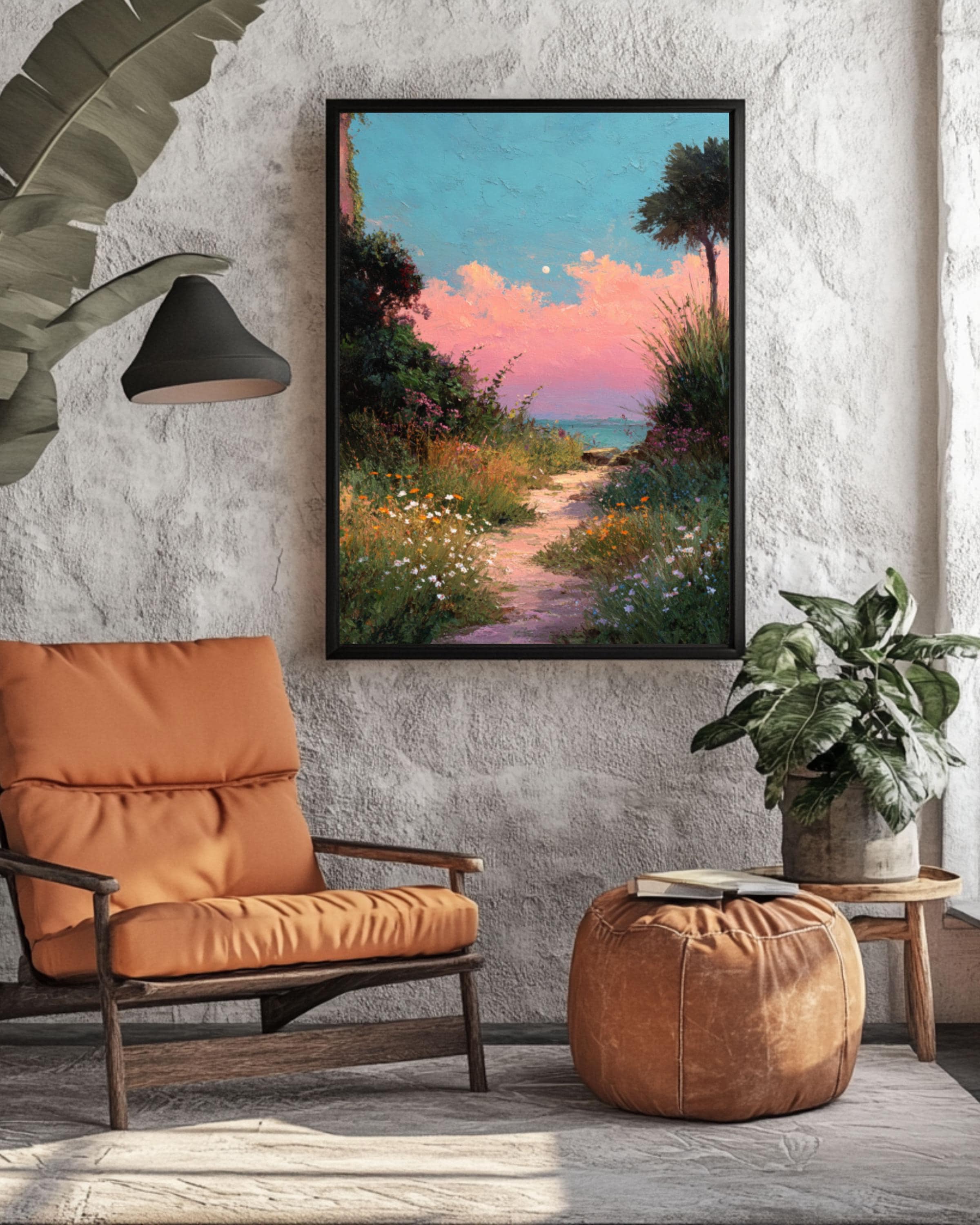 Pastel Beach Path Acrylic Painting – Pink Sunset, Coastal Wall Art
