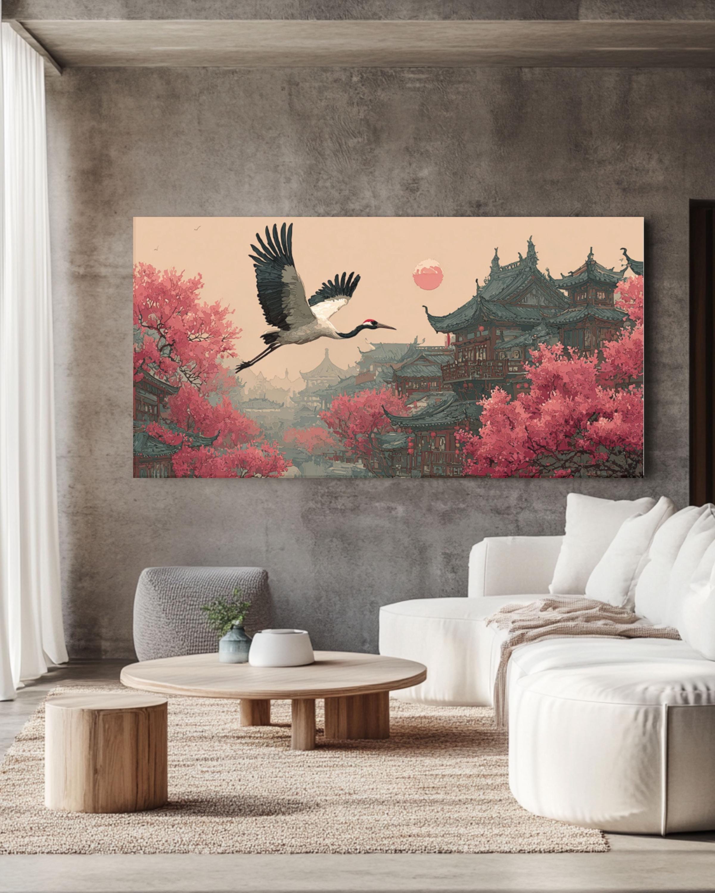 Red-Crowned Crane Canvas Art â€“ Chinese Ink Wash, Blossoms & Architecture Canvas Wall Art Print – Premium Home Decor