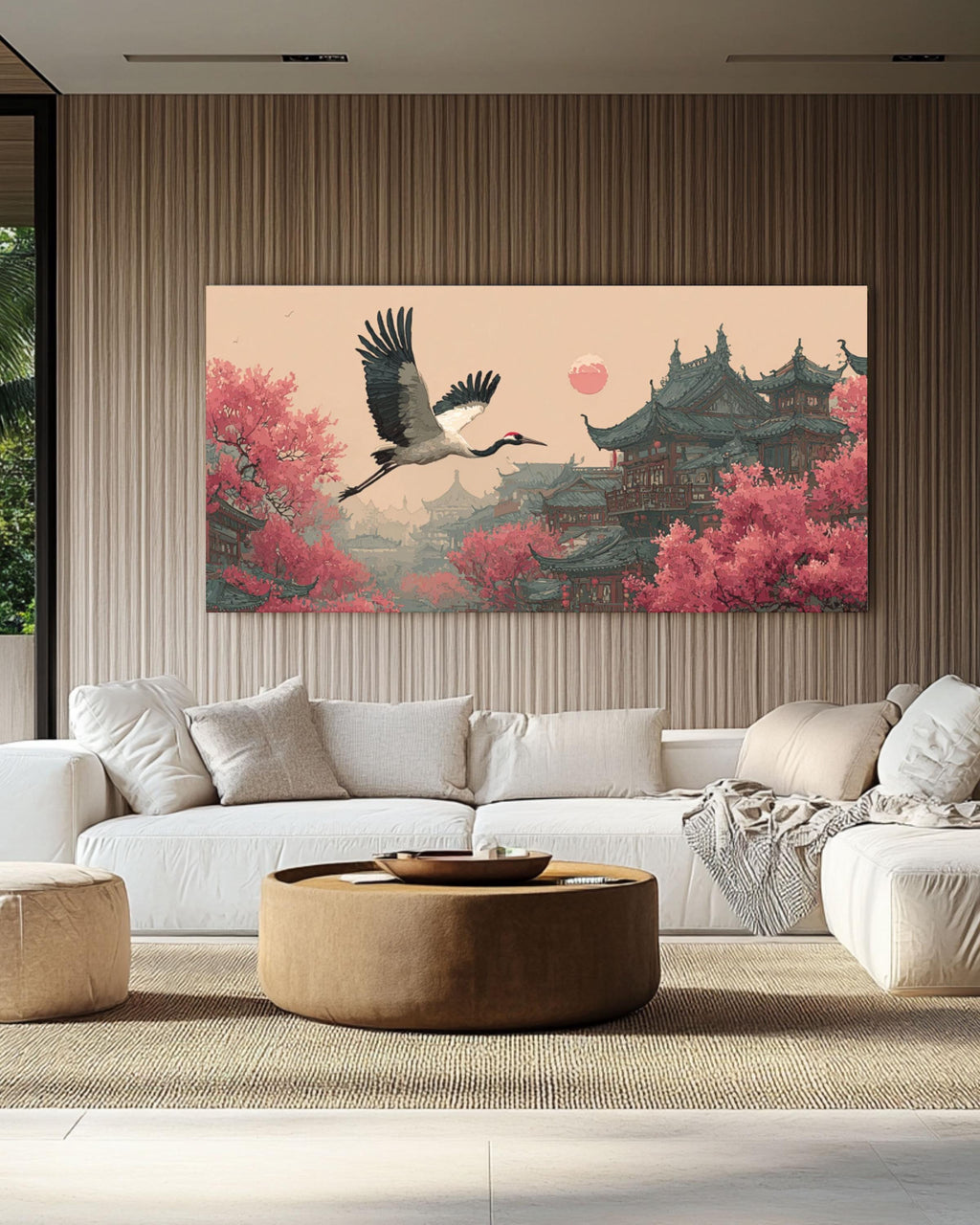 Red-Crowned Crane Canvas Art â€“ Chinese Ink Wash, Blossoms & Architecture Canvas Wall Art Print – Premium Home Decor