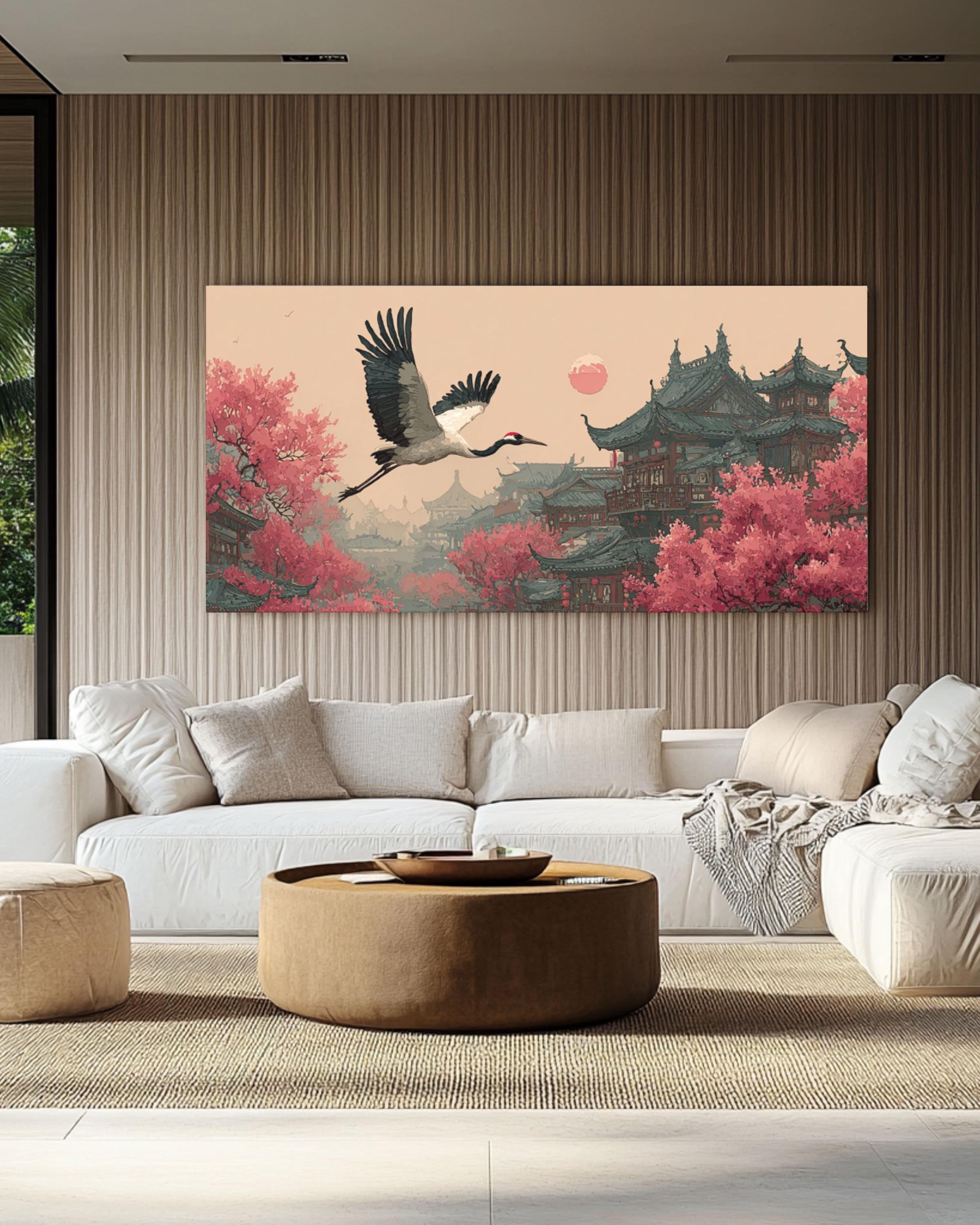 Red-Crowned Crane Canvas Art â€“ Chinese Ink Wash, Blossoms & Architecture Canvas Wall Art Print – Premium Home Decor