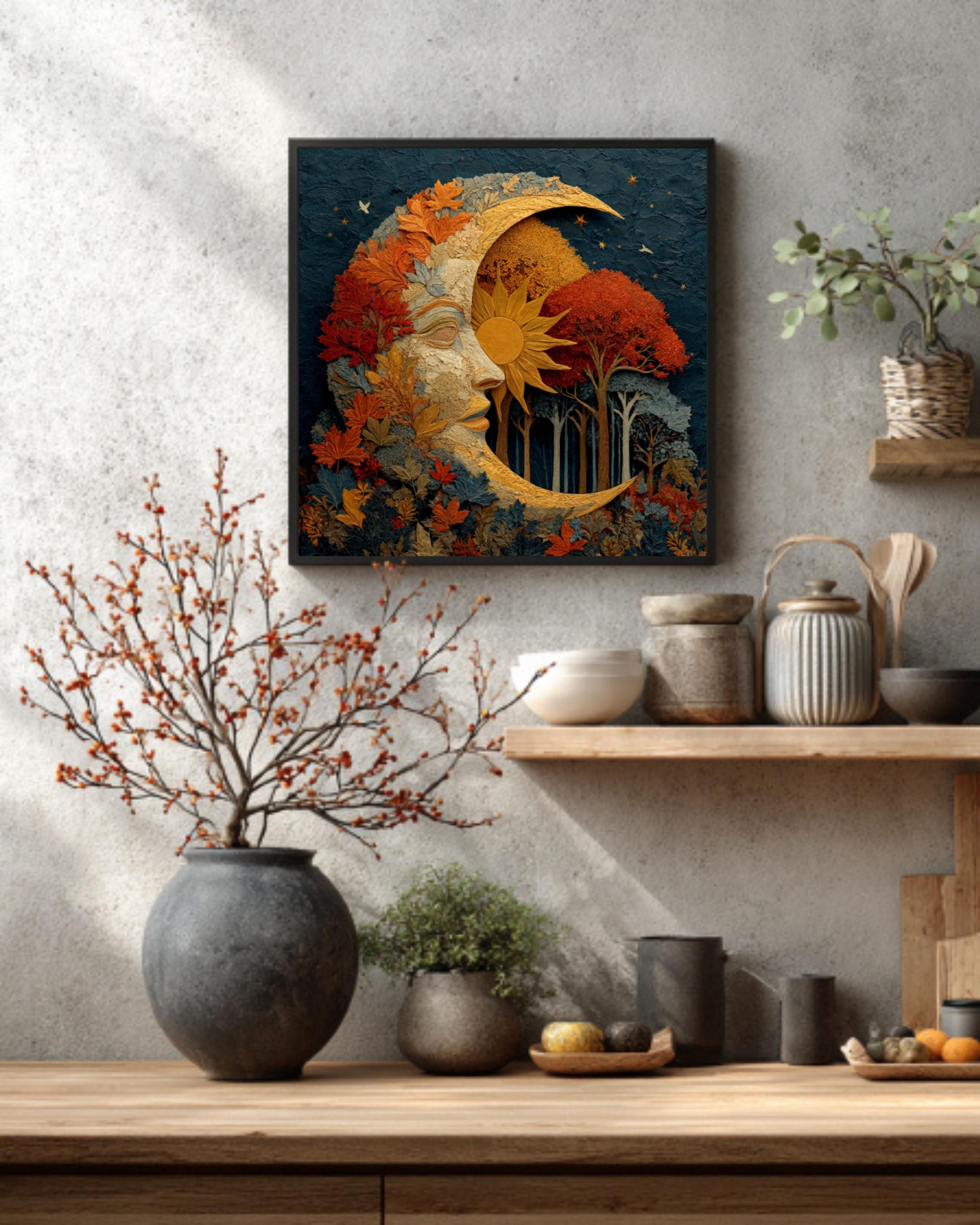 Autumn Moon & Sun Watercolor Print – Fall Trees, Celestial Wall Art