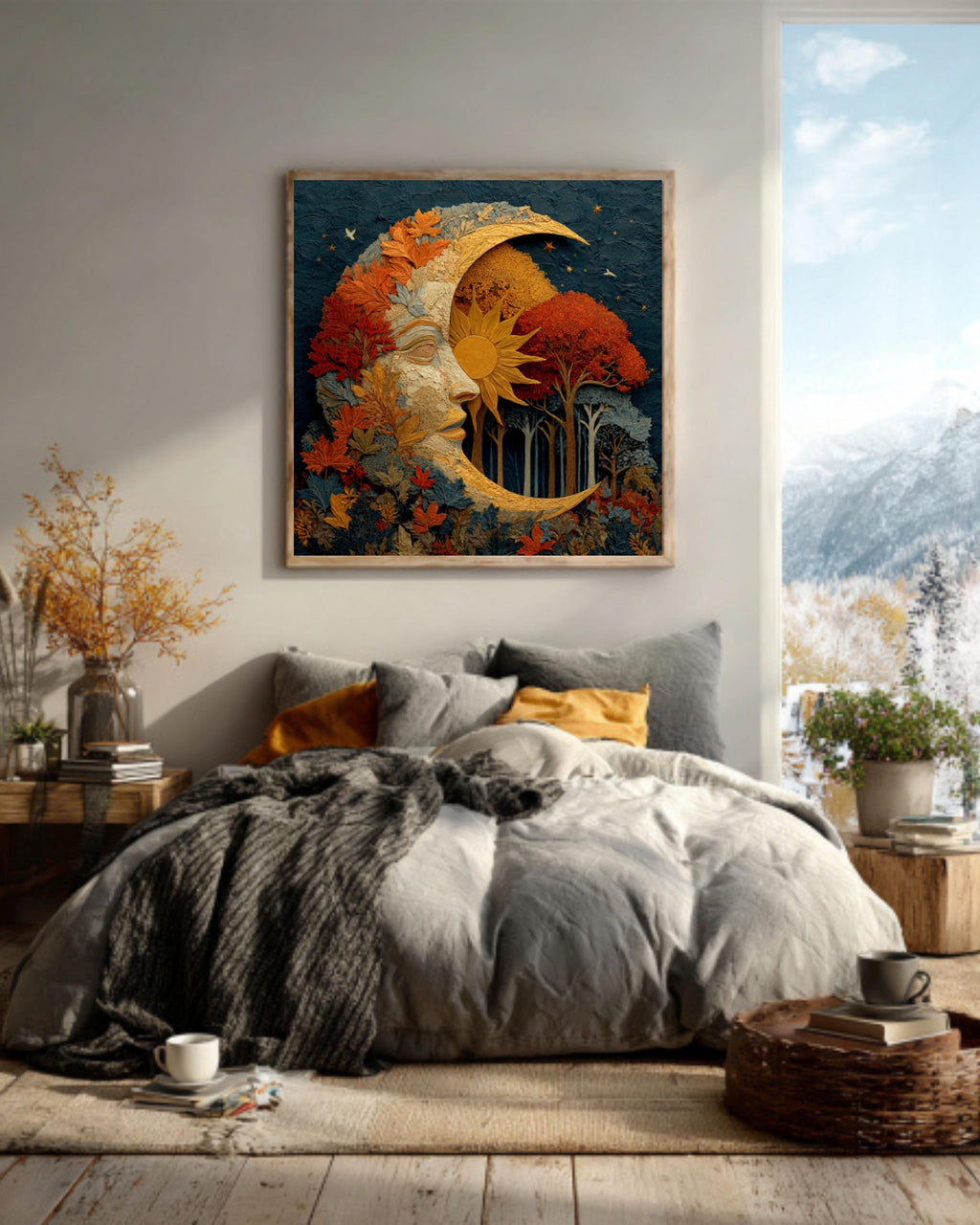 Autumn Moon & Sun Watercolor Print – Fall Trees, Celestial Wall Art