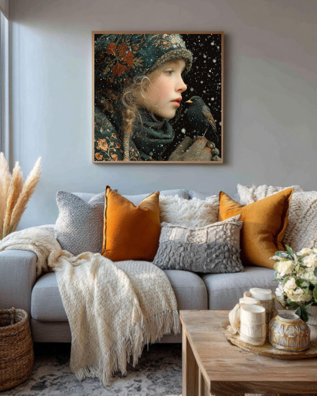 Winter Girl with Bird Painting | Enchanted Forest Fantasy Art