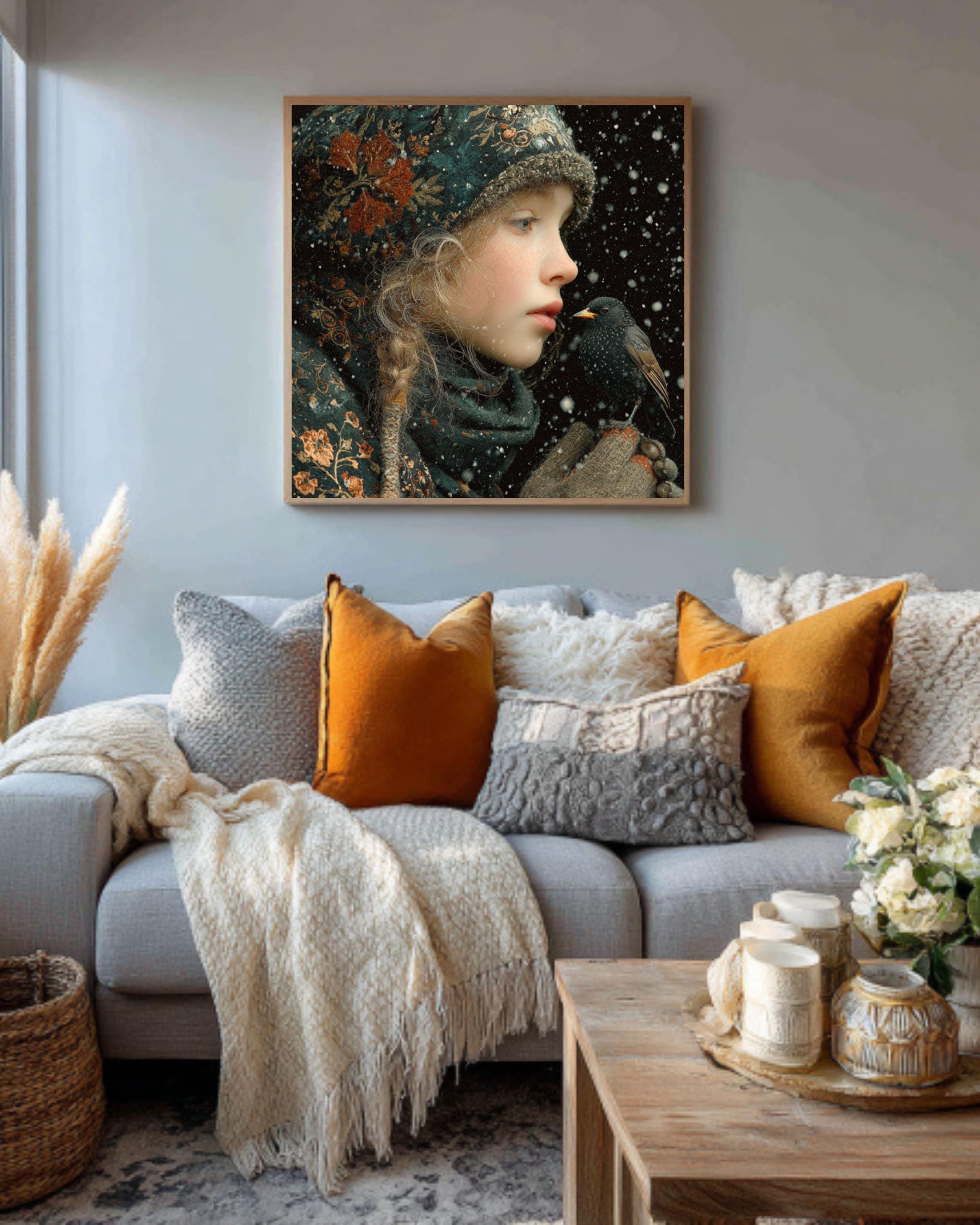 Winter Girl with Bird Painting | Enchanted Forest Fantasy Art