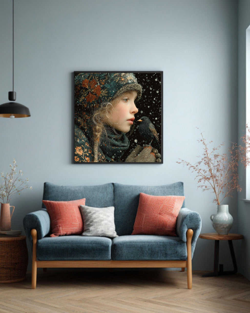 Winter Girl with Bird Painting | Enchanted Forest Fantasy Art