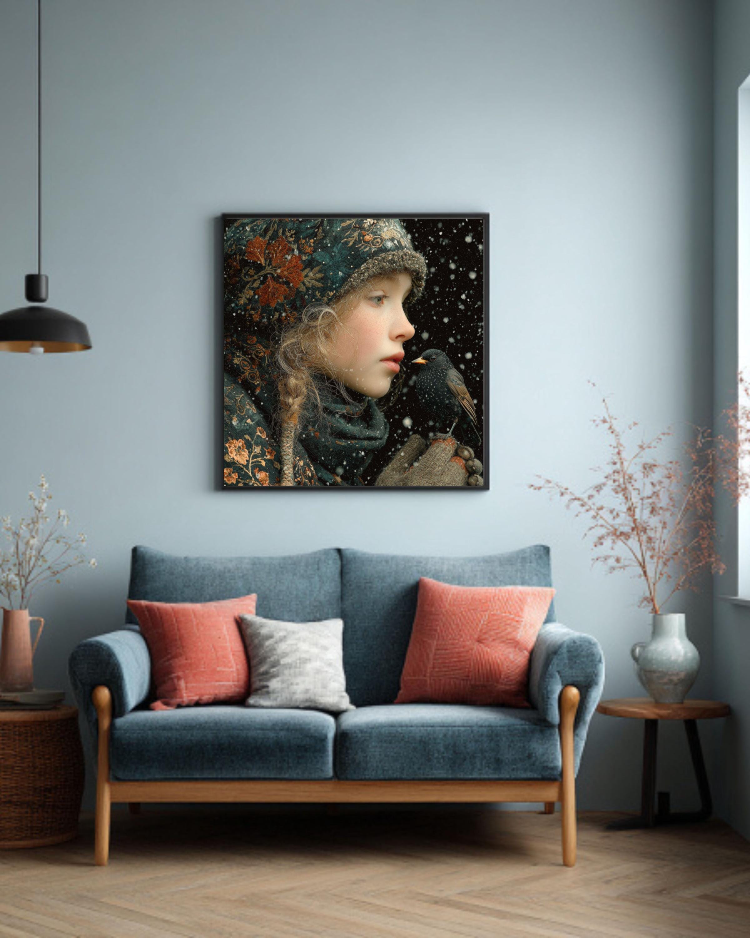 Winter Girl with Bird Painting | Enchanted Forest Fantasy Art