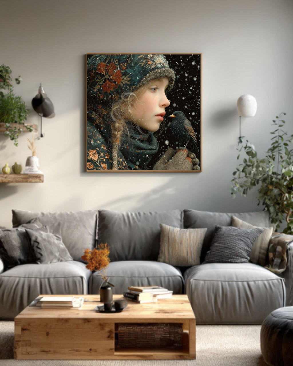 Winter Girl with Bird Painting | Enchanted Forest Fantasy Art