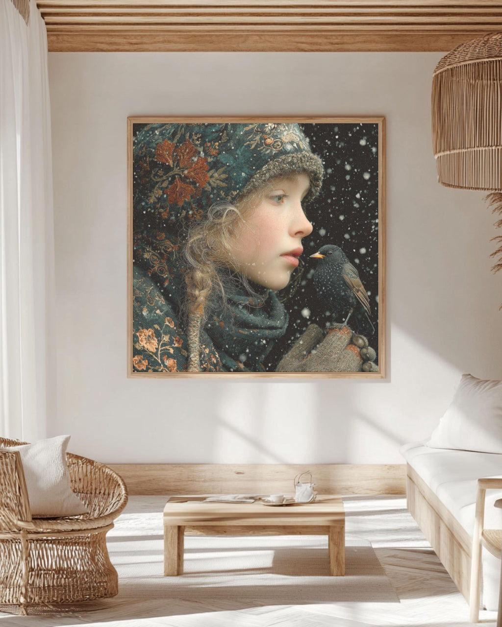 Winter Girl with Bird Painting | Enchanted Forest Fantasy Art