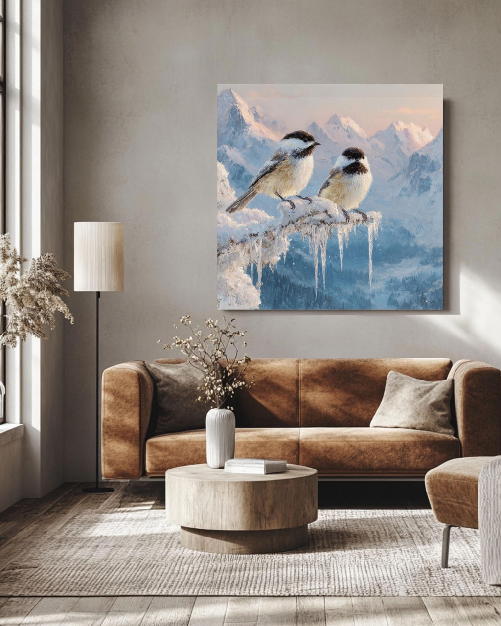 Winter Chickadees Oil Painting – Snowy Mountain Landscape Poster/Canvas