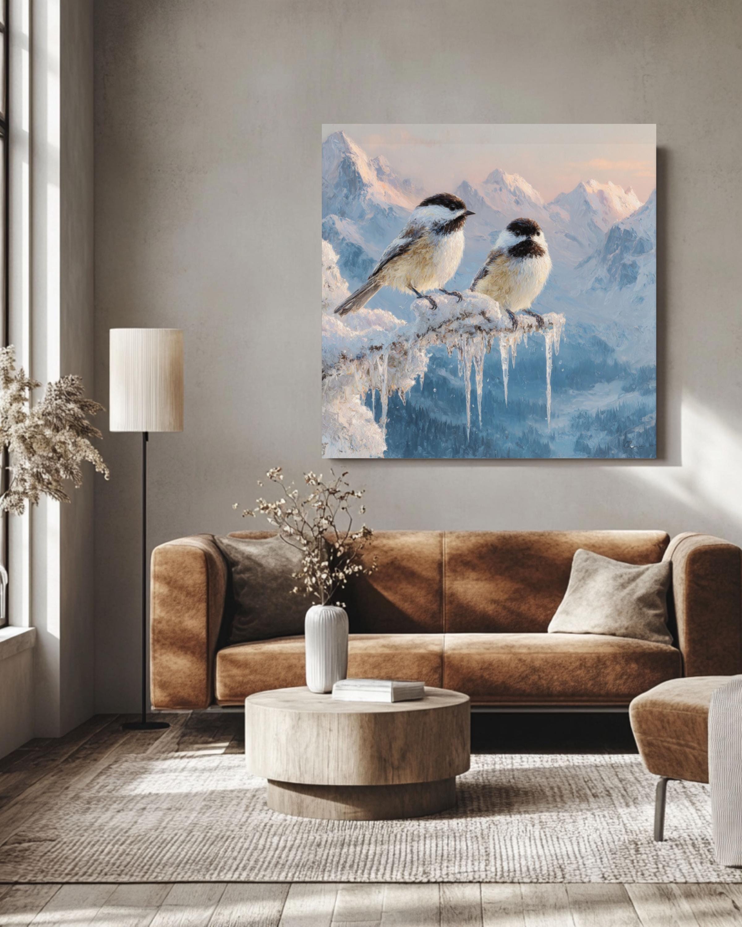 Winter Chickadees Oil Painting – Snowy Mountain Landscape Poster/Canvas