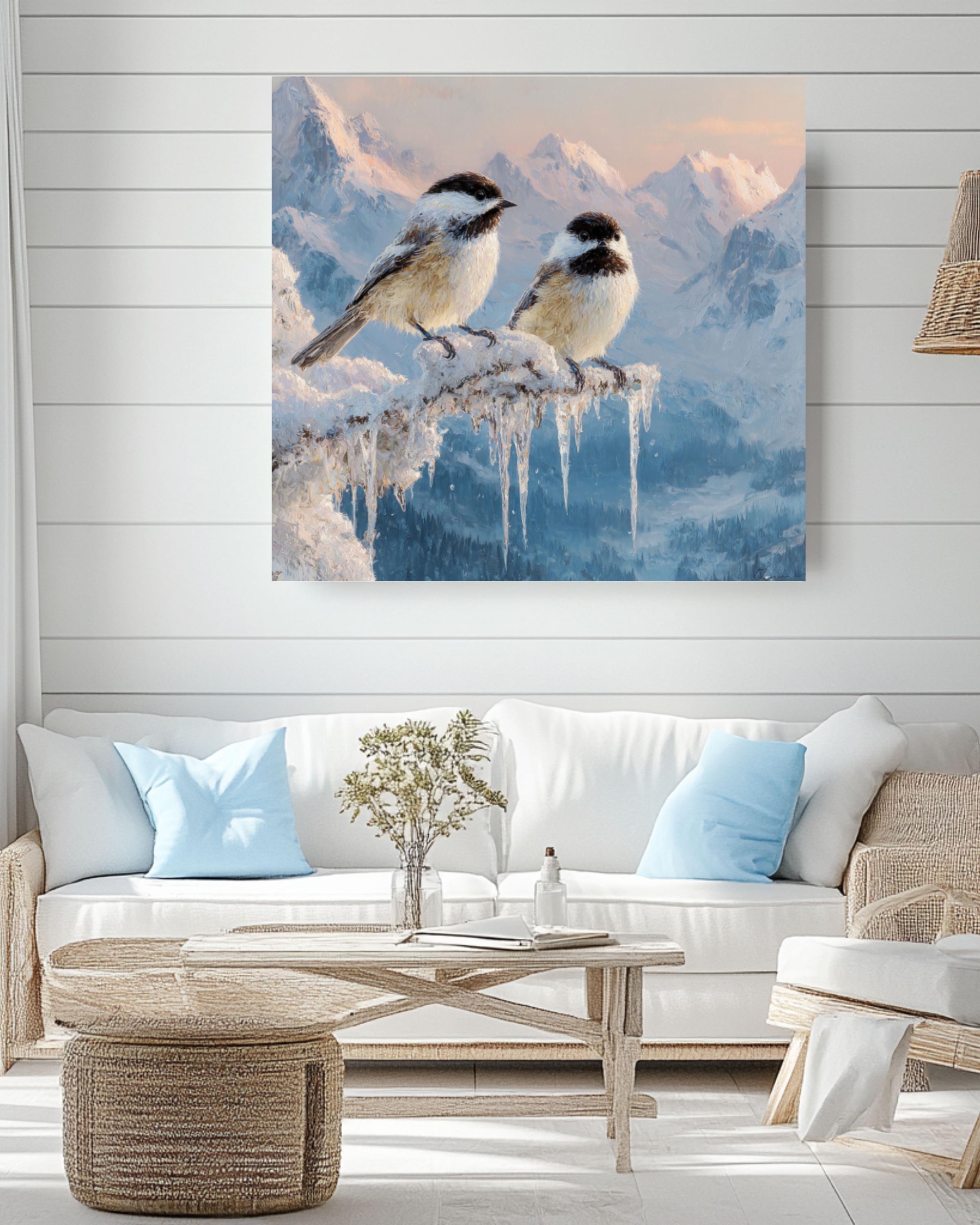 Winter Chickadees Oil Painting – Snowy Mountain Landscape Poster/Canvas