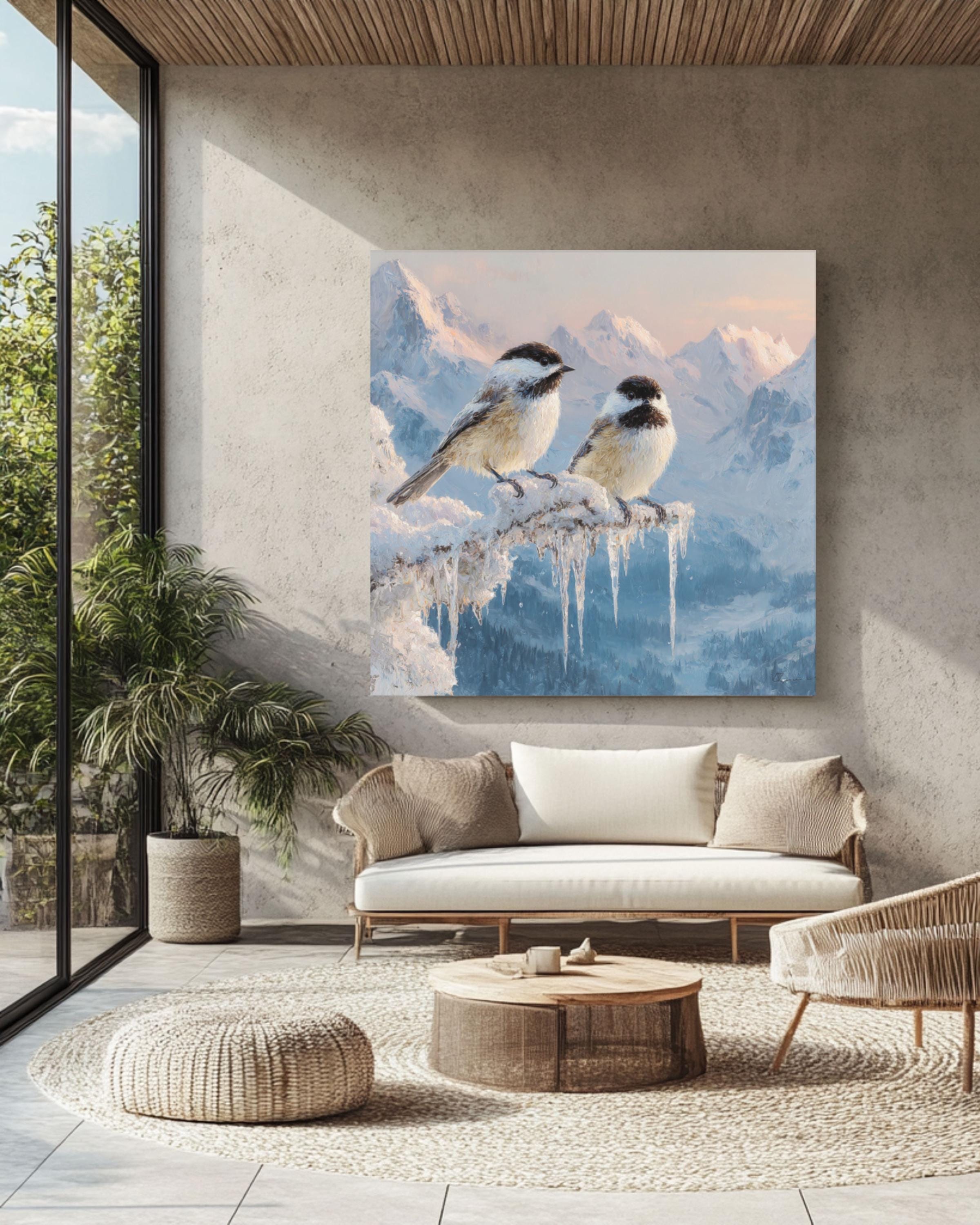 Winter Chickadees Oil Painting – Snowy Mountain Landscape Poster/Canvas