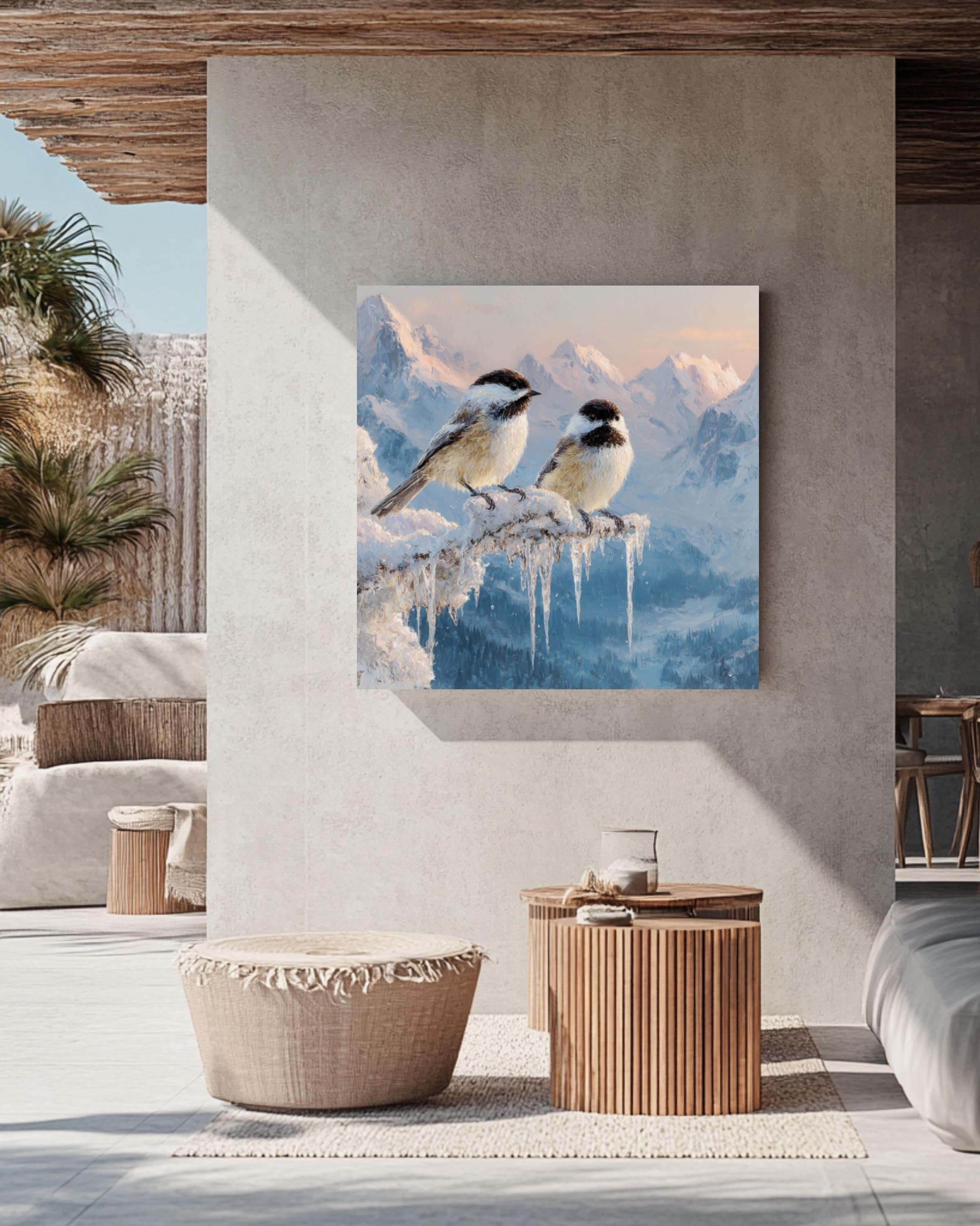 Winter Chickadees Oil Painting – Snowy Mountain Landscape Poster/Canvas