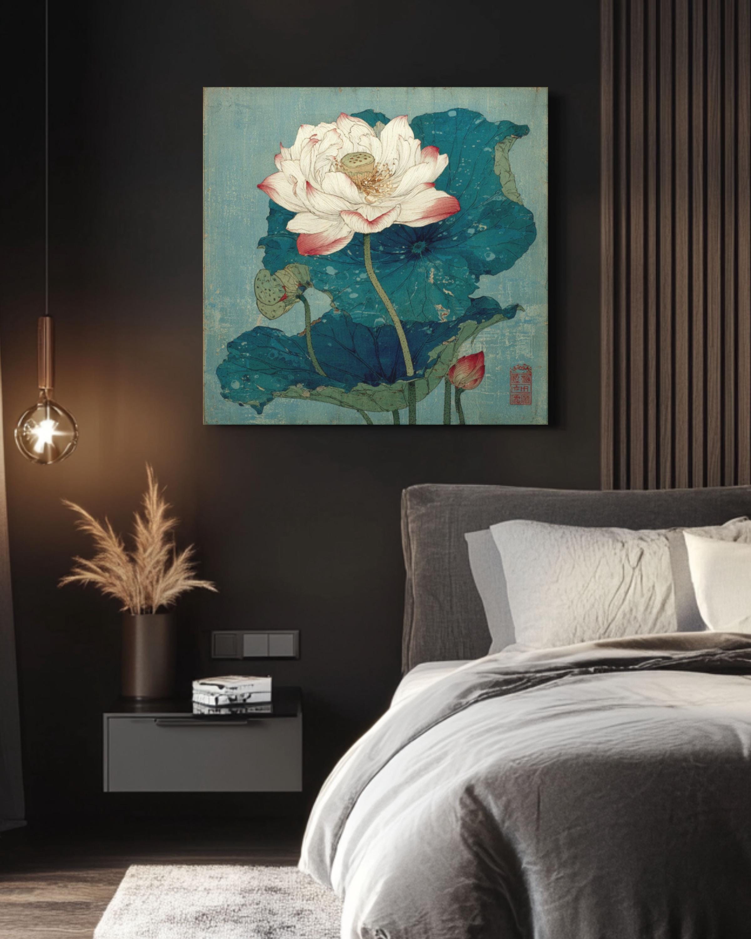 Hokusai Lotus Flower Canvas: Japanese Woodblock Style Wall Art Canvas Wall Art Print – Premium Home Decor