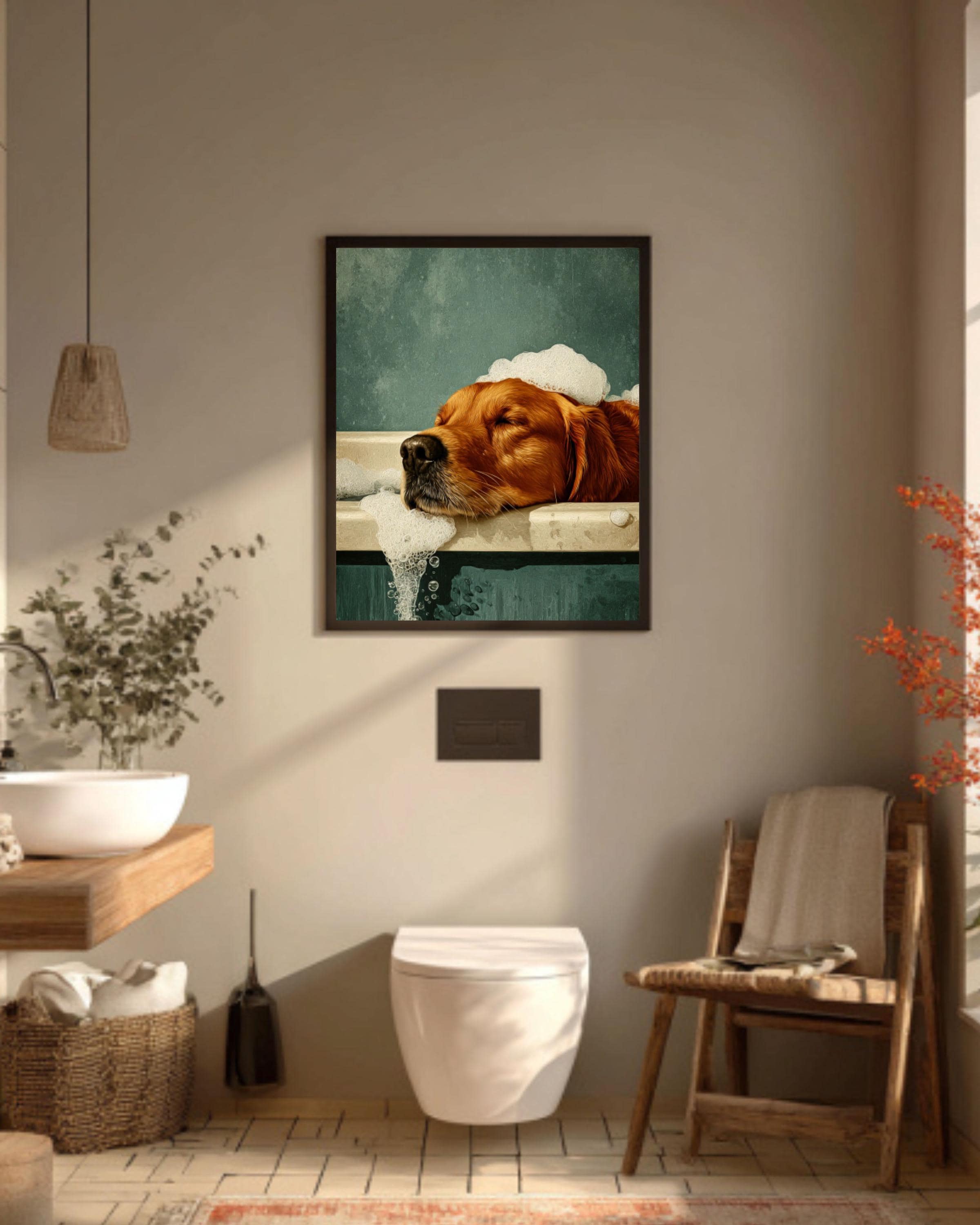 Golden Retriever in Bathtub Art: Retro Green Dog Print Canvas Wall Art – Modern Decor Print